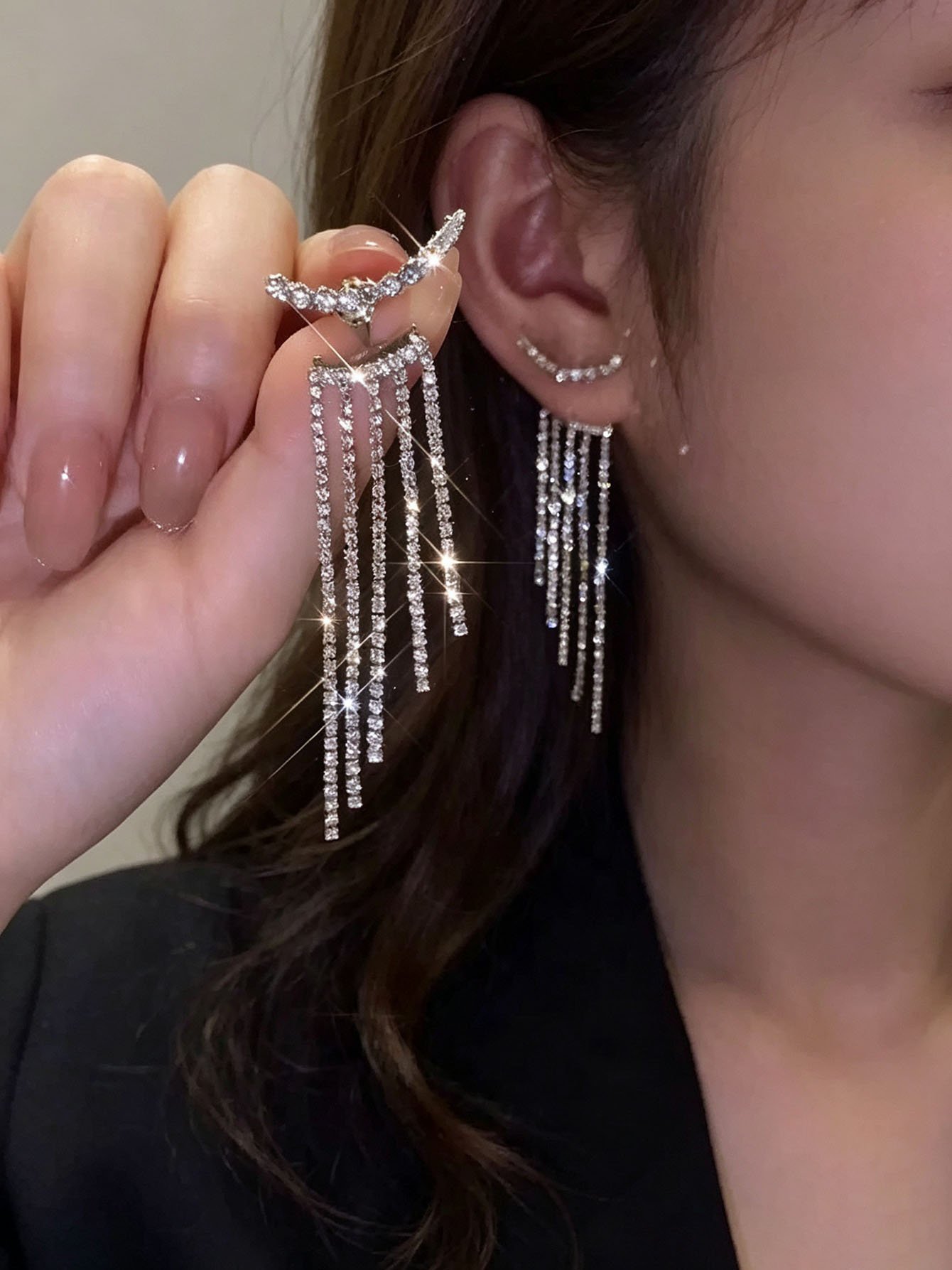 White Rhinestone Tassel Dangle Earrings for Women - Casual Sparkle.