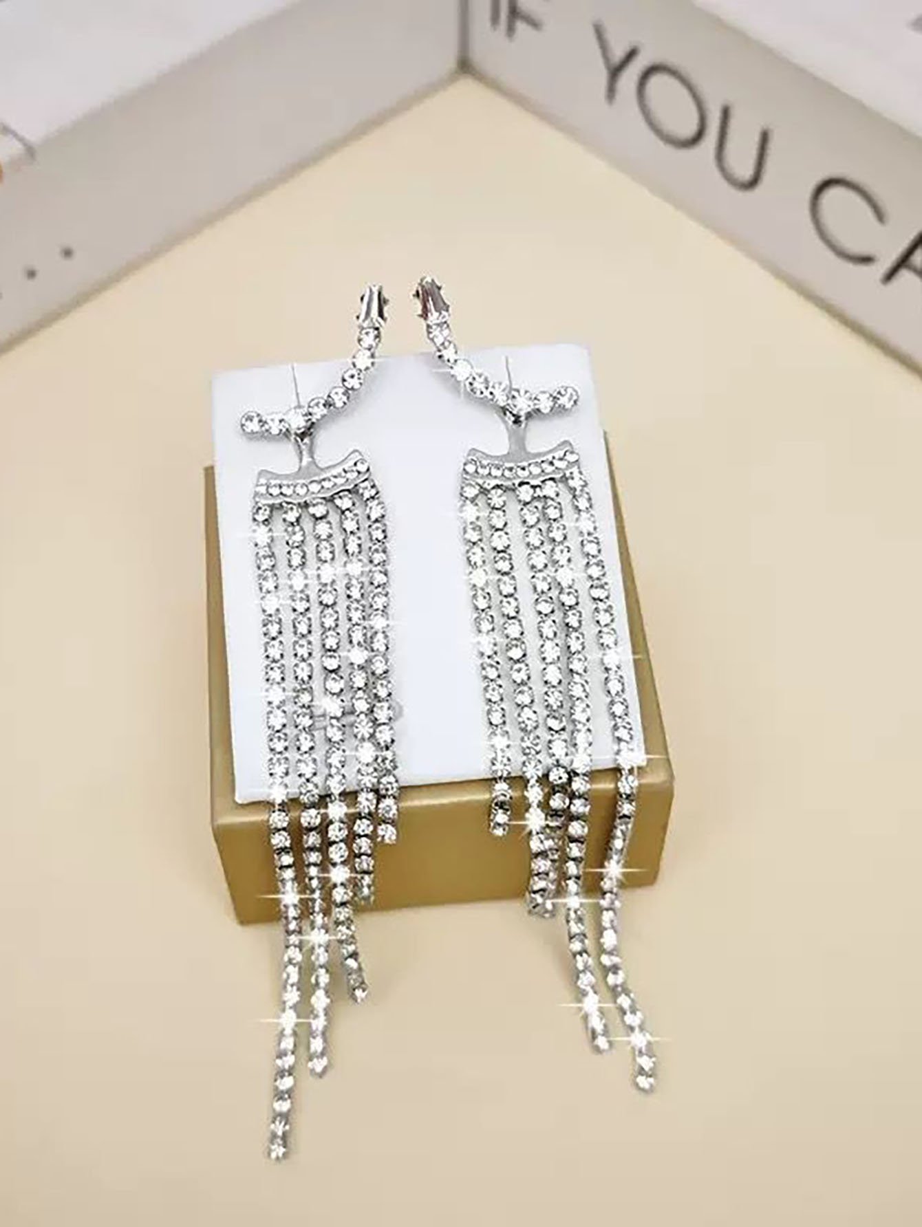 White Rhinestone Tassel Dangle Earrings for Women - Casual Sparkle.