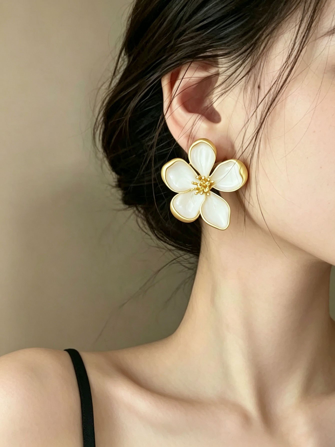 Gold and White Floral Stud Earrings - Casual Wear.