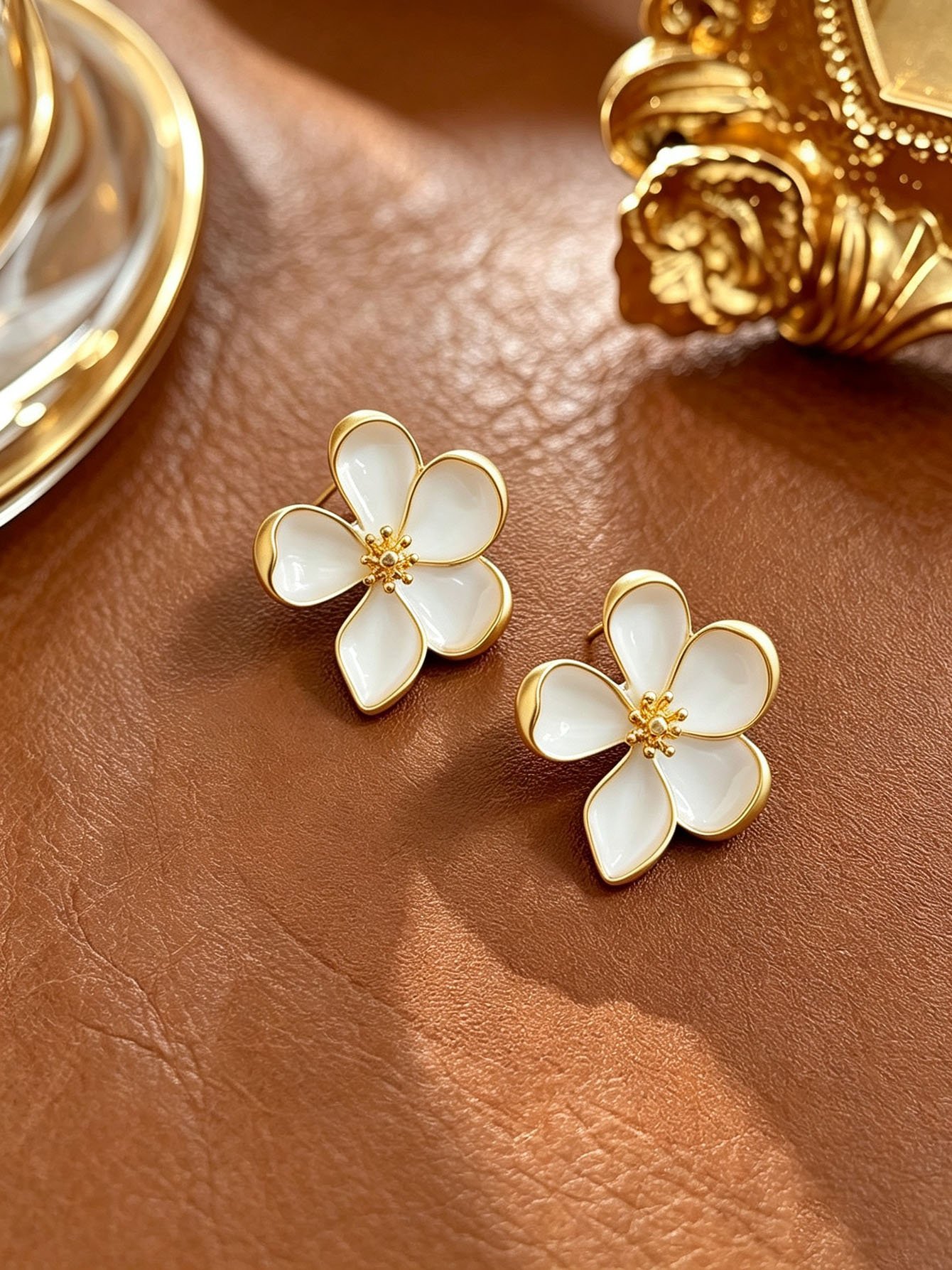 Gold and White Floral Stud Earrings - Casual Wear.