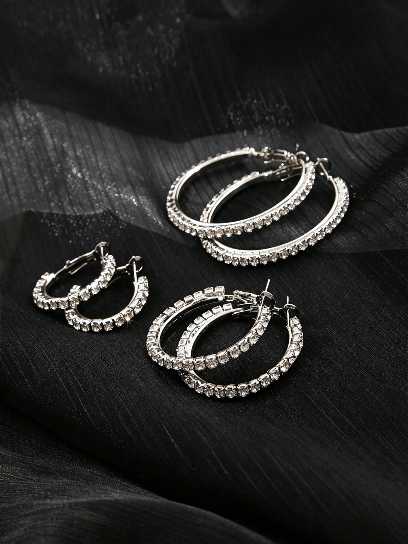 Silver Rhinestone Hoop Earrings Set for Women - Casual Dangler Style.