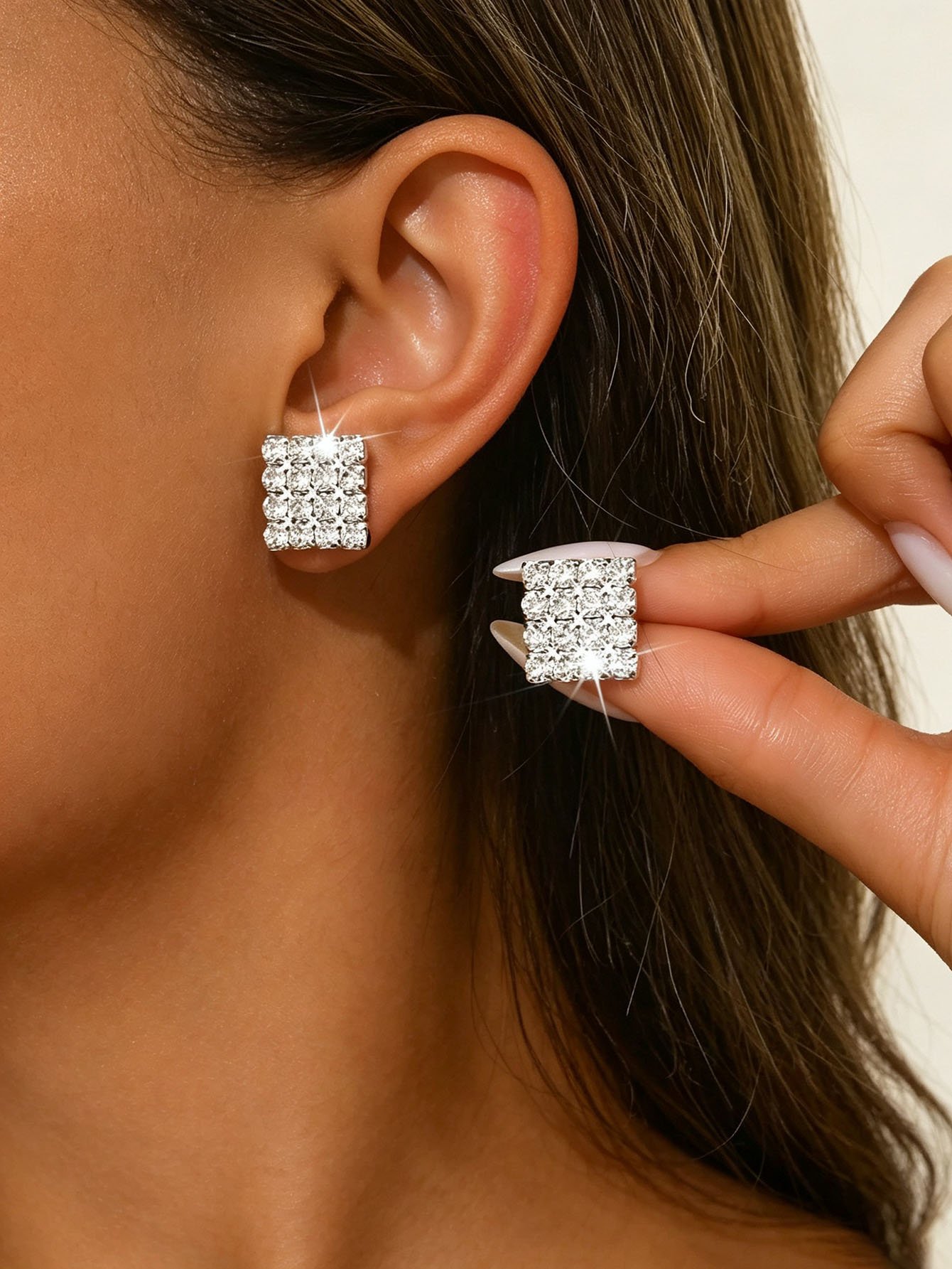 Silver Square Diamond Stud Earrings for Women - Casual Sparkle.