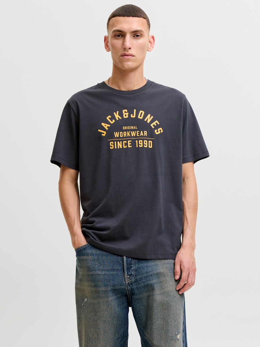 Dark Blue Crew Neck T-Shirt with Logo Print