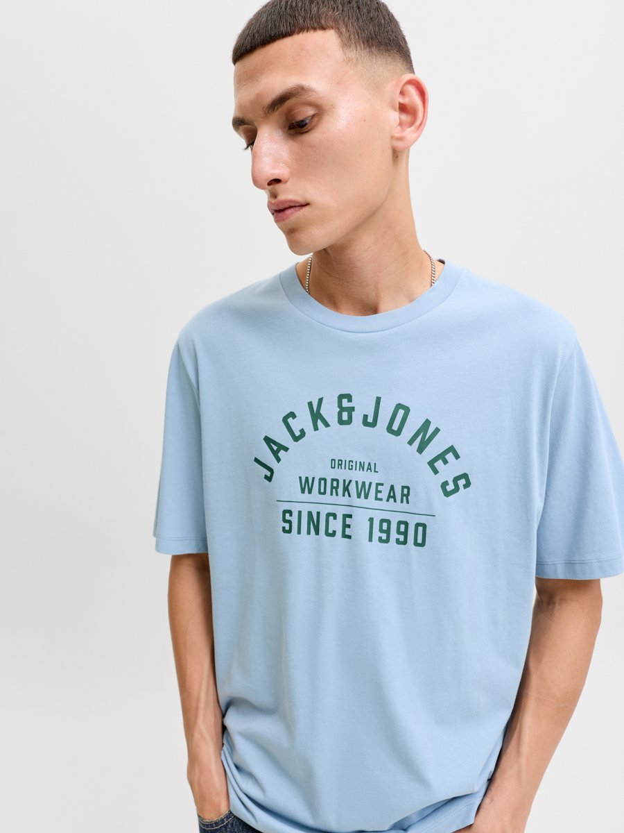 Light Blue Crew Neck T-Shirt with Logo Print