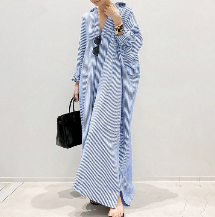 Multi Striped V Neck A-Line Ankle length Dress
