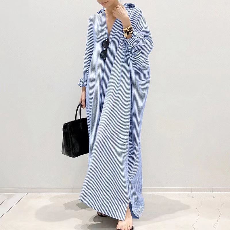 Multi Striped V Neck A-Line Ankle length Dress