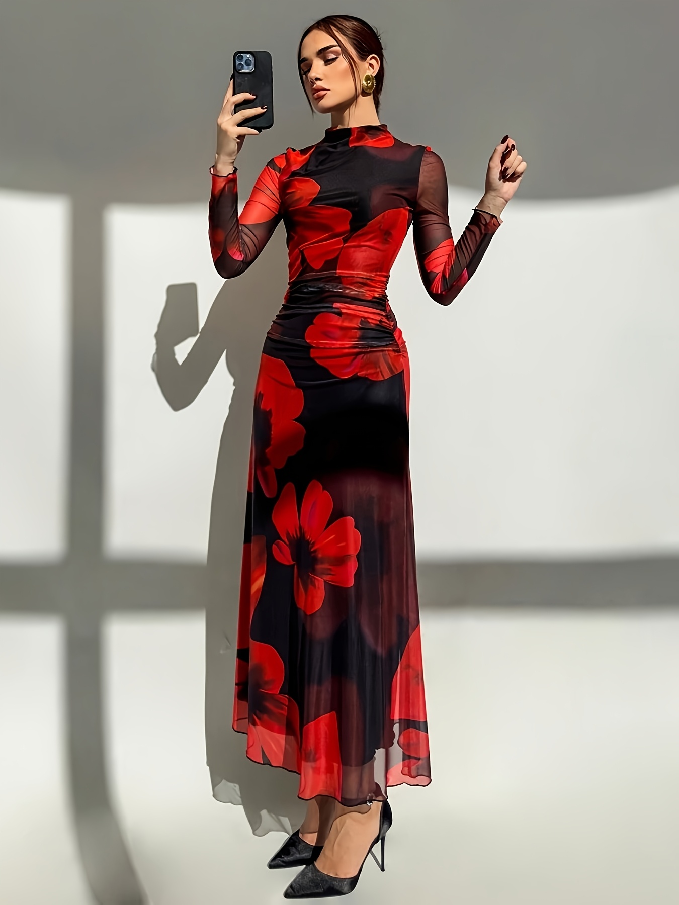 Multi Printed High Neck A-Line Ankle Length Dress