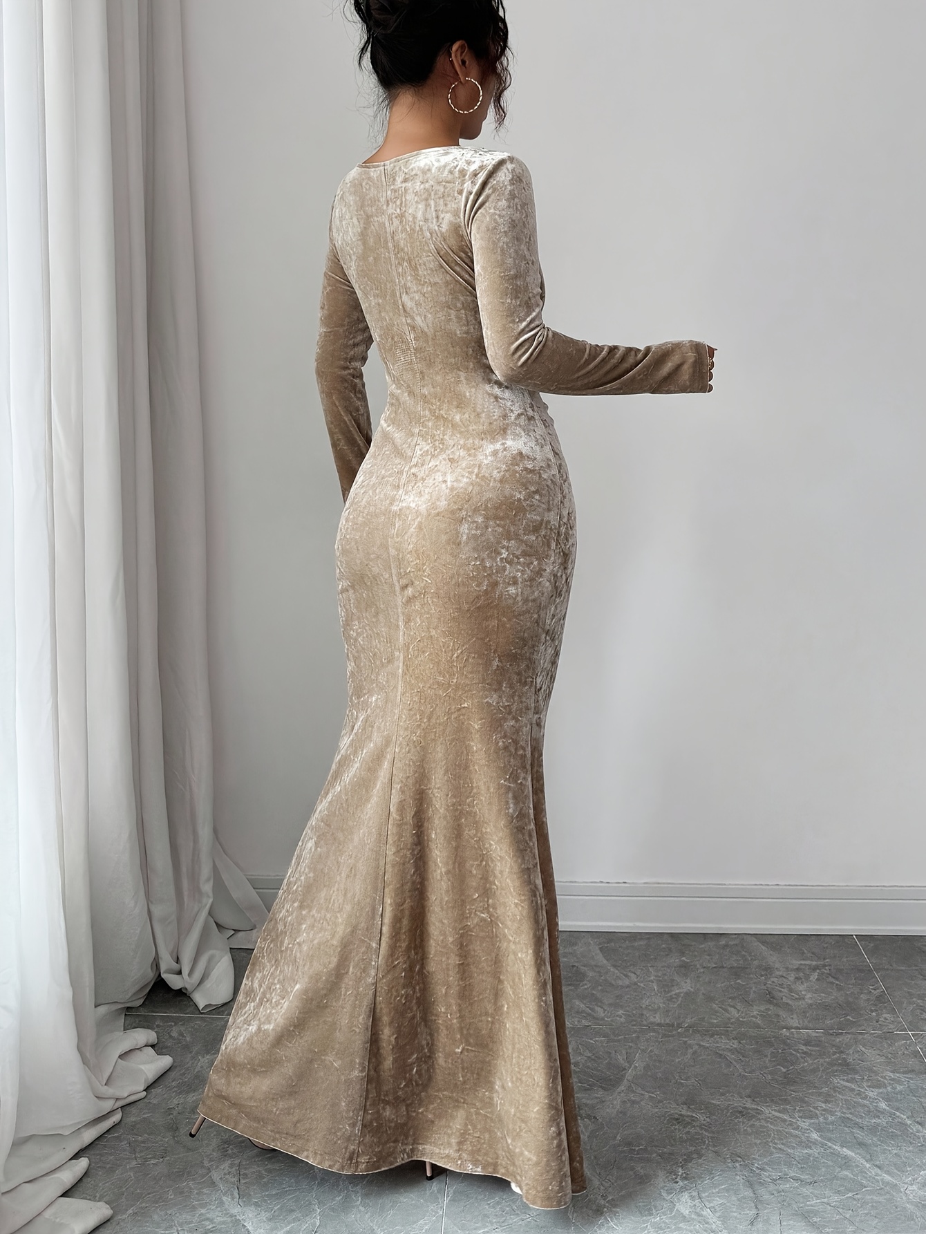 Beige Texture Round Neck A-Line Ankle Length Dress