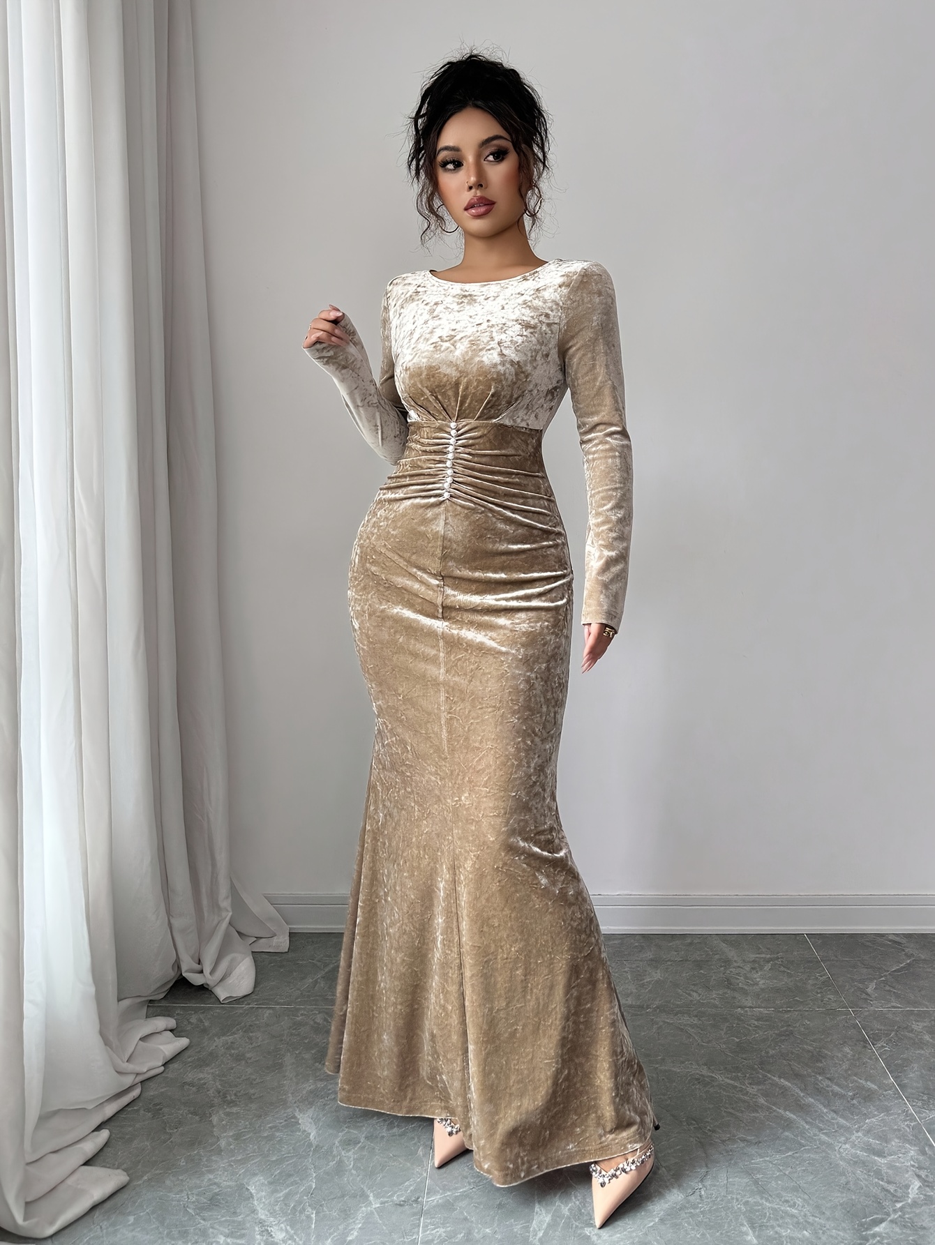 Beige Texture Round Neck A-Line Ankle Length Dress