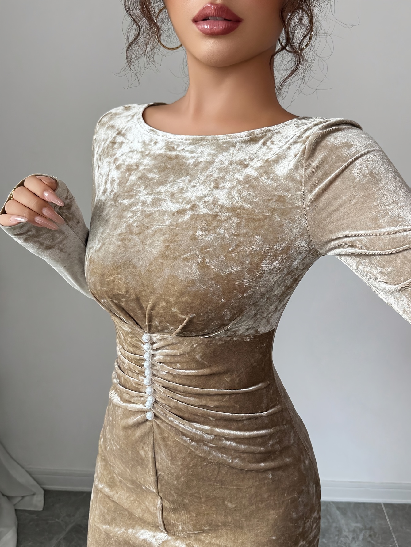 Beige Texture Round Neck A-Line Ankle Length Dress