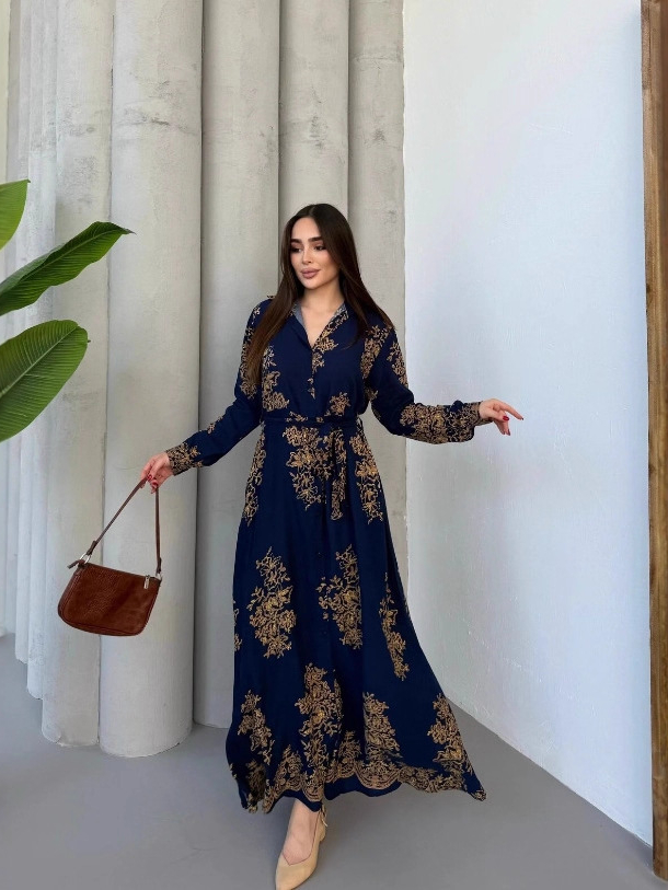 Navy Blue Printed Collared A-Line Ankle length Dress