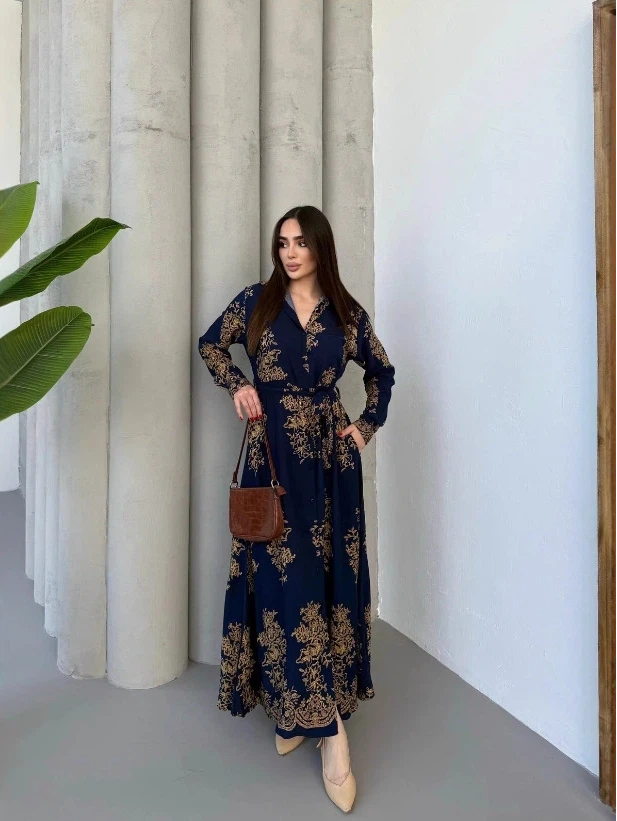 Navy Blue Printed Collared A-Line Ankle length Dress