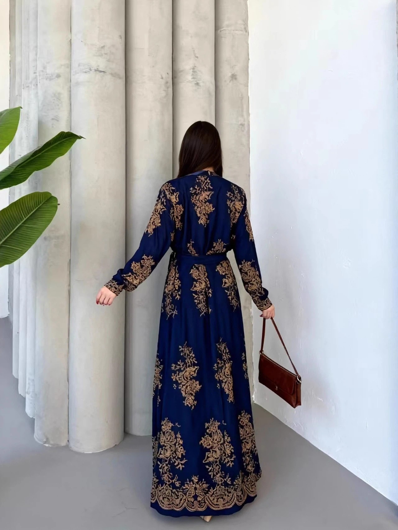 Navy Blue Printed Collared A-Line Ankle length Dress