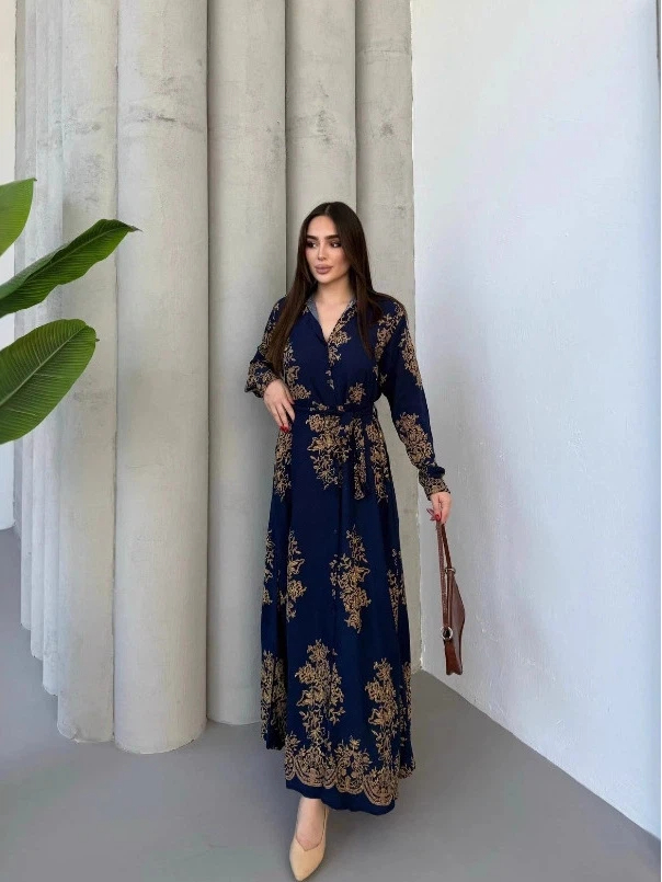 Navy Blue Printed Collared A-Line Ankle length Dress