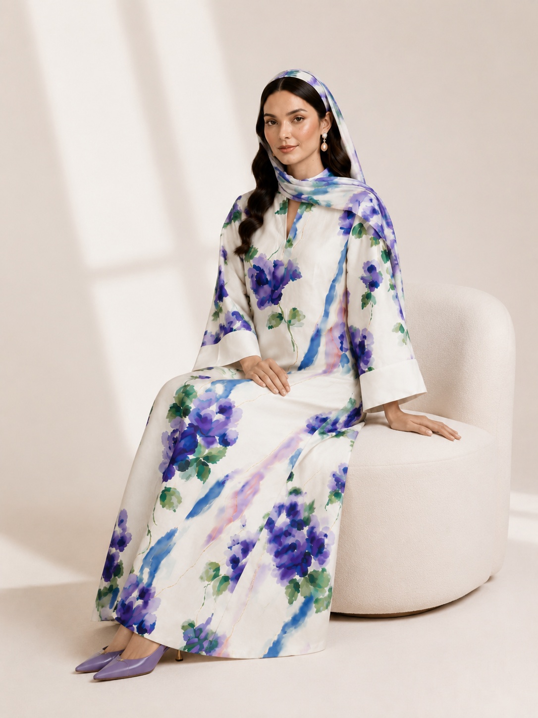 Multi-Color Floral Print Ankle-Length Jalabiya Dress