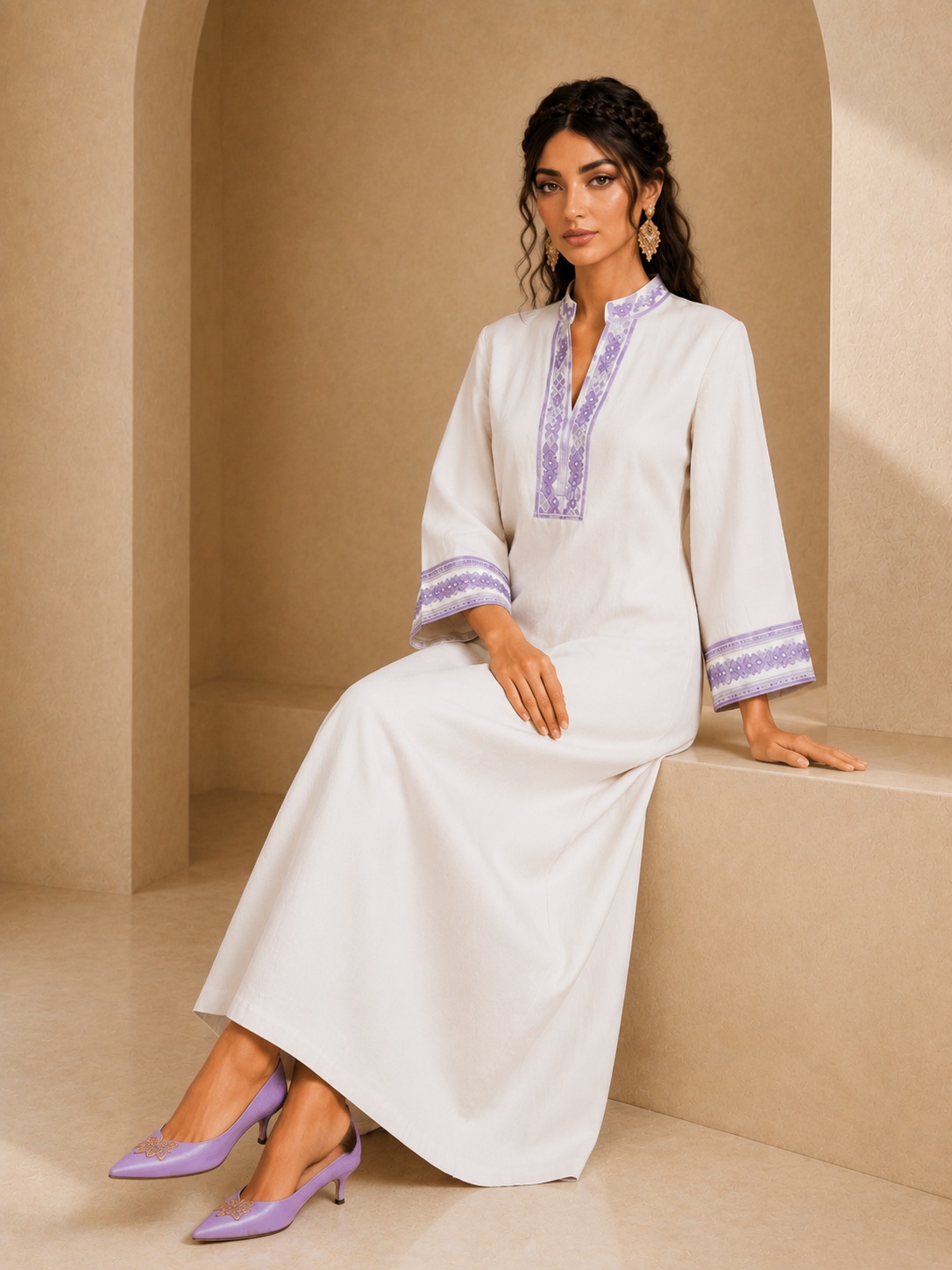 Cream Contrast Print Jalabiya