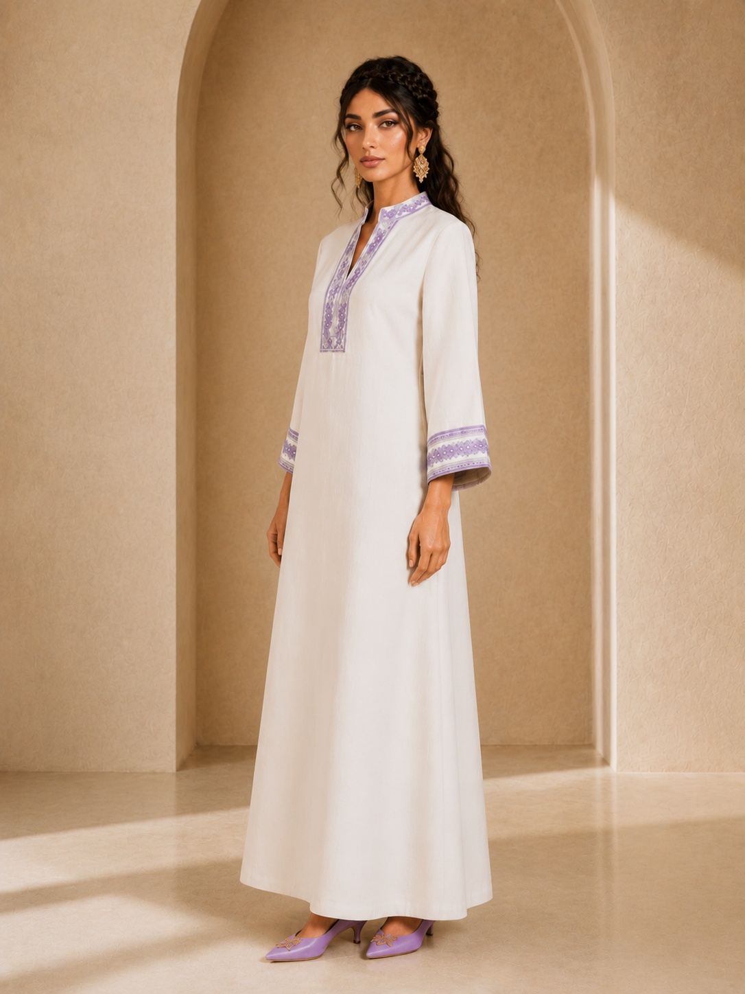 Cream Contrast Print Jalabiya