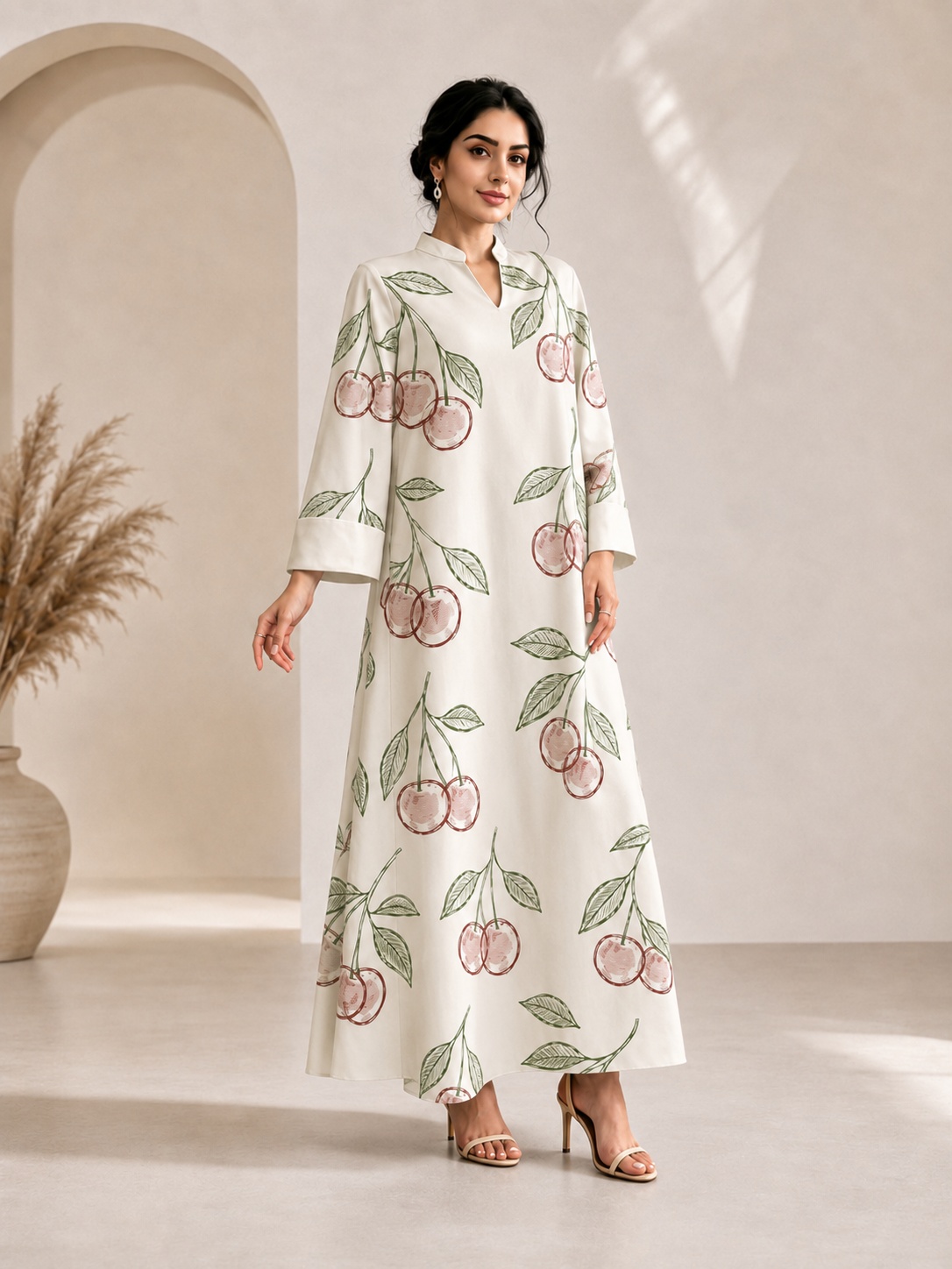 Beige Cherry Print Jalabiya
