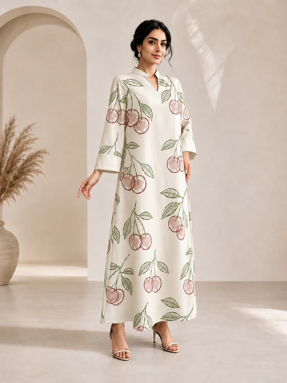 Beige Cherry Print Jalabiya