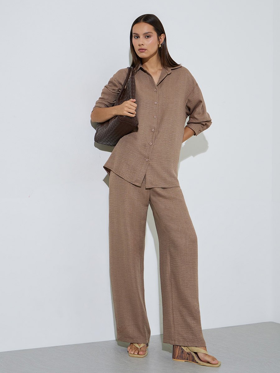 Khaki Solid Long Sleeves Shirt and Wide leg Trousers Set