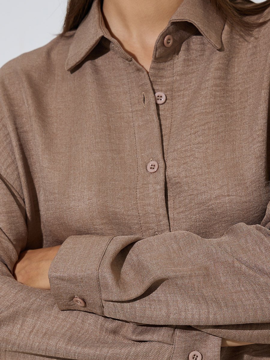 Khaki Solid Long Sleeves Shirt and Wide leg Trousers Set