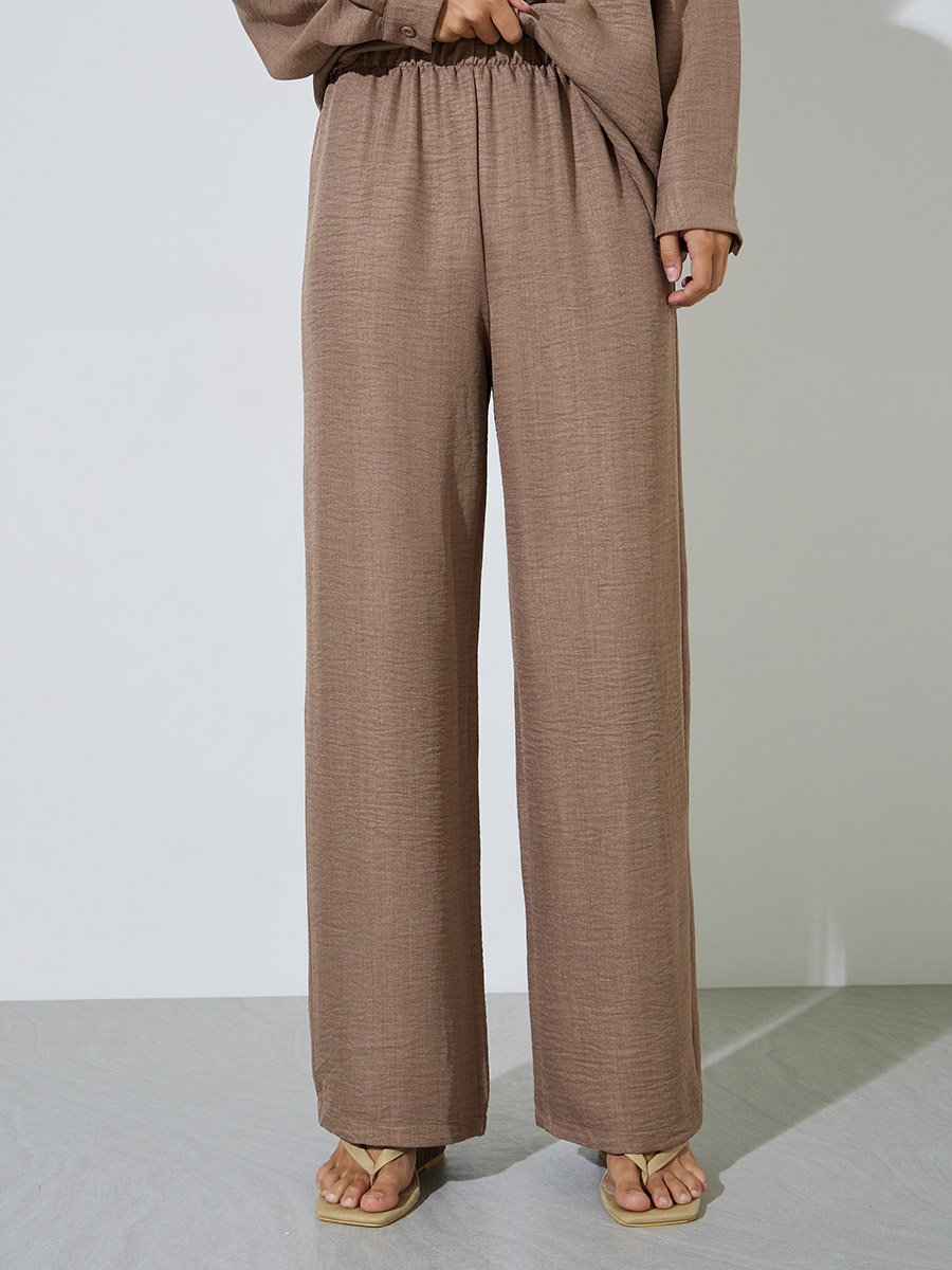 Khaki Solid Long Sleeves Shirt and Wide leg Trousers Set