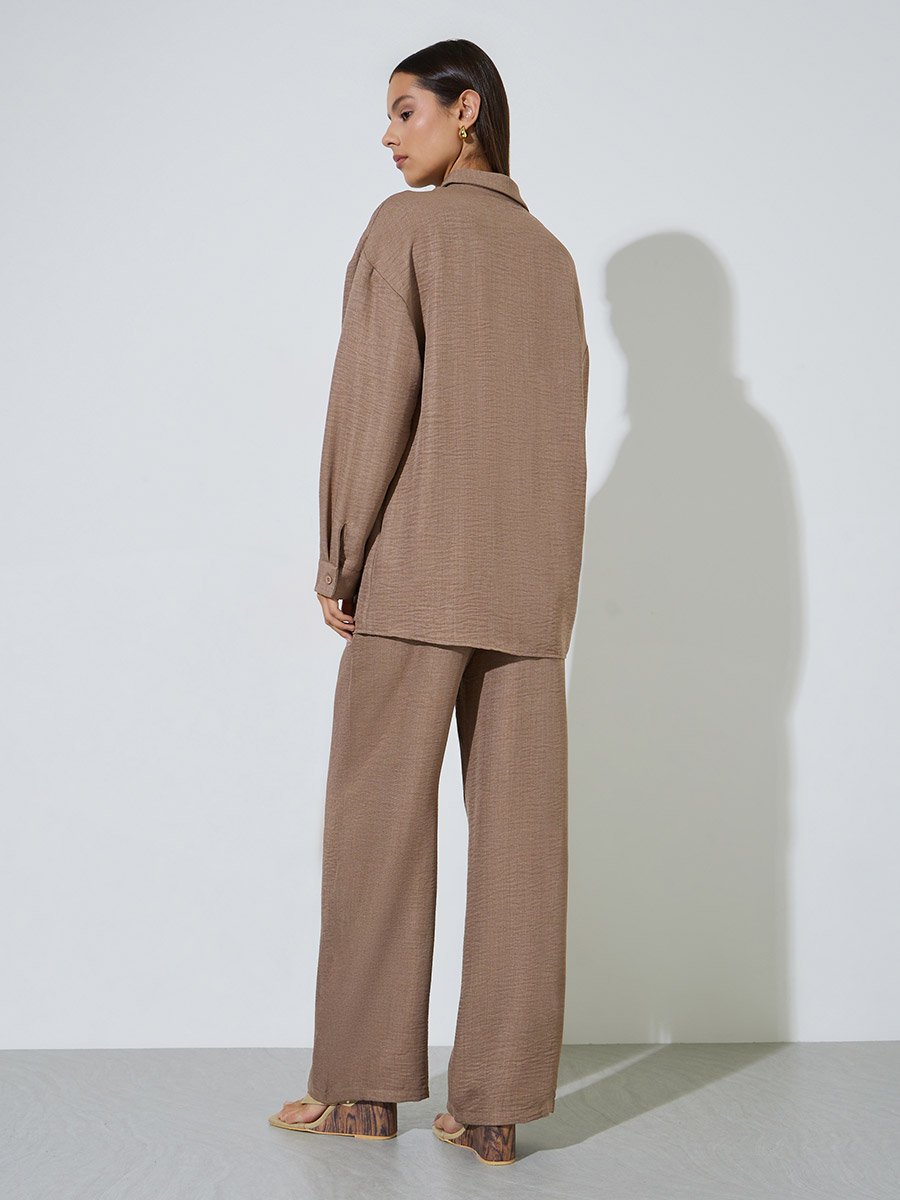 Khaki Solid Long Sleeves Shirt and Wide leg Trousers Set