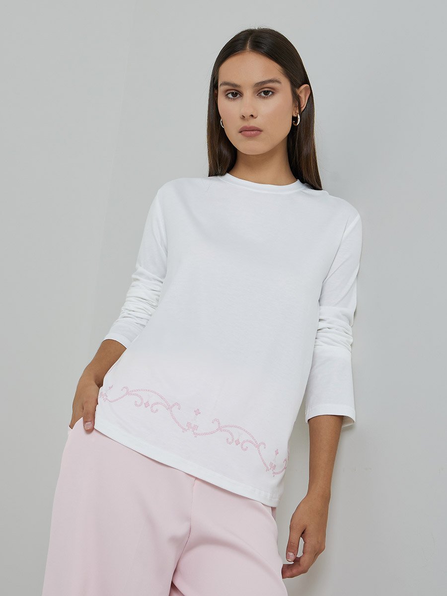 White Printed Hem Regular Fit T-Shirt