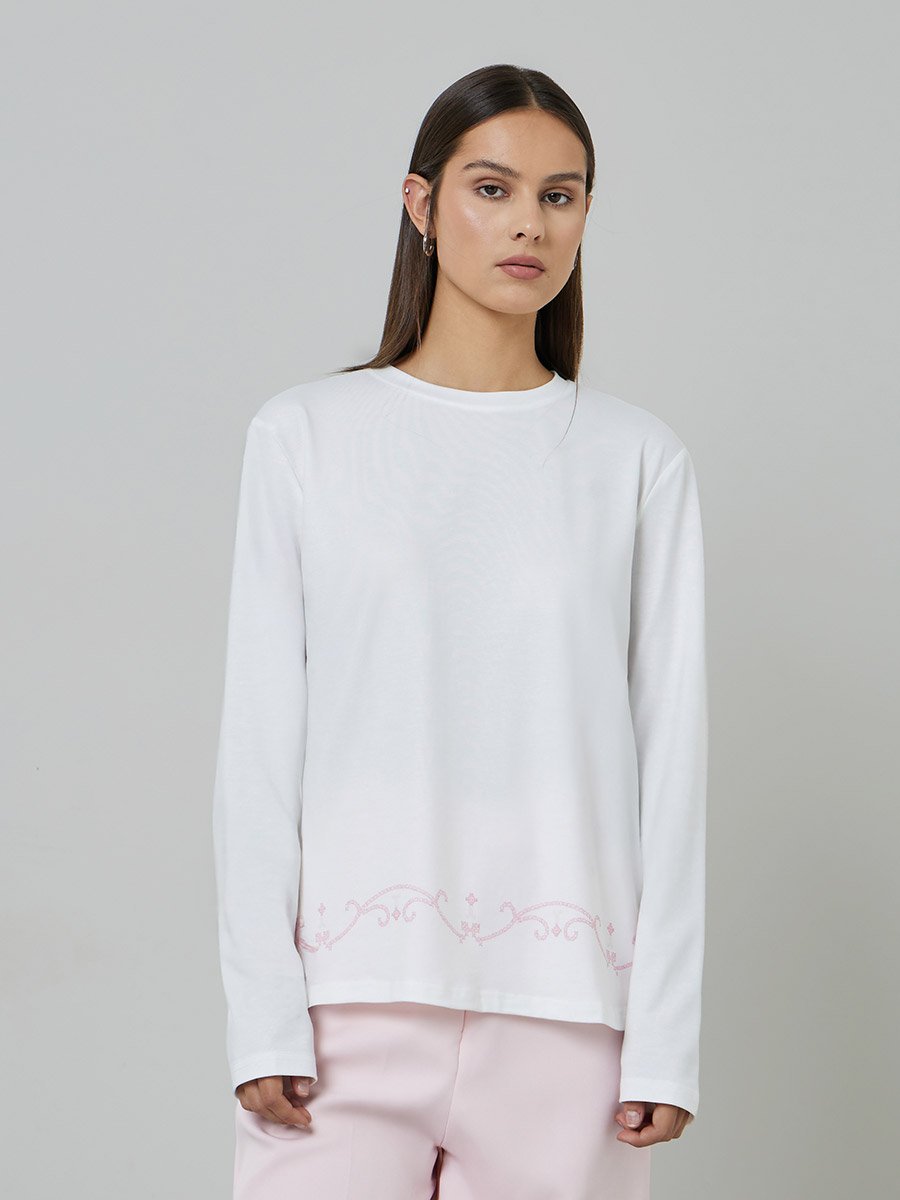 White Printed Hem Regular Fit T-Shirt