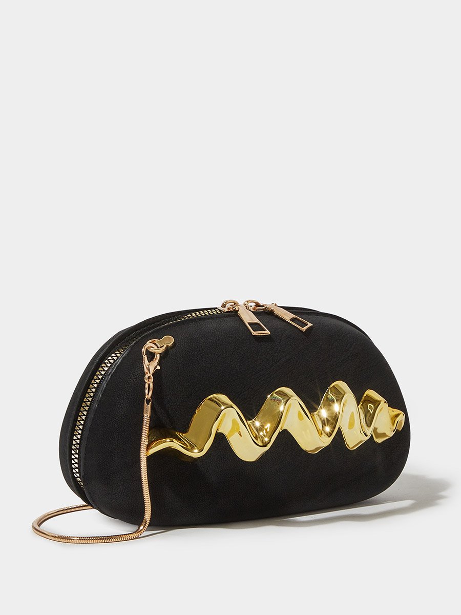 Black Zip-Closure Acrylic Clutch with Gold Tone Accent