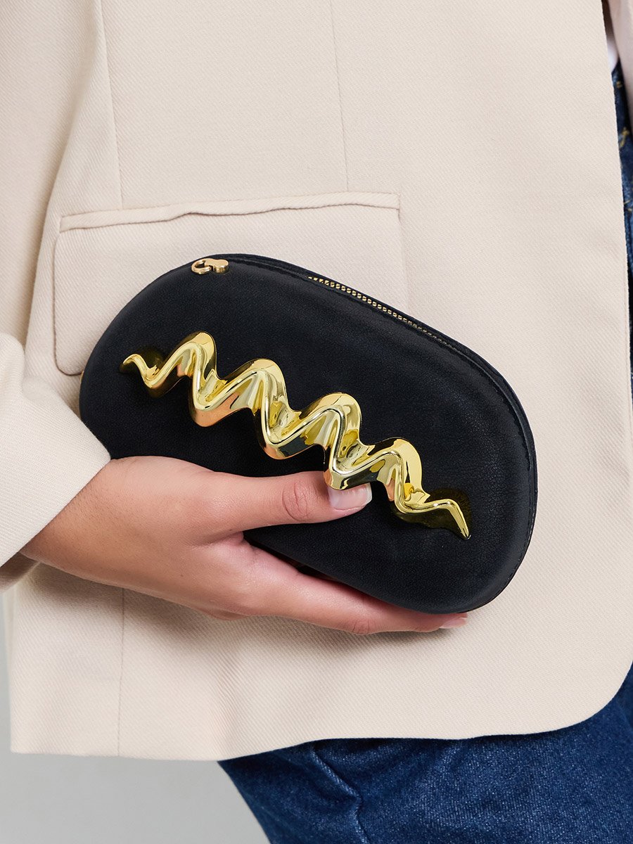 Black Zip-Closure Acrylic Clutch with Gold Tone Accent