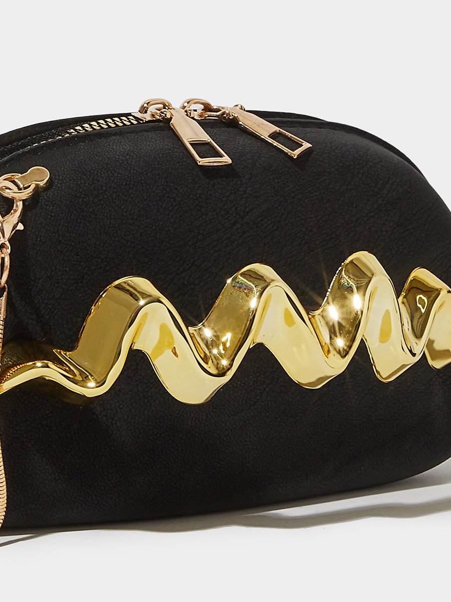 Black Zip-Closure Acrylic Clutch with Gold Tone Accent