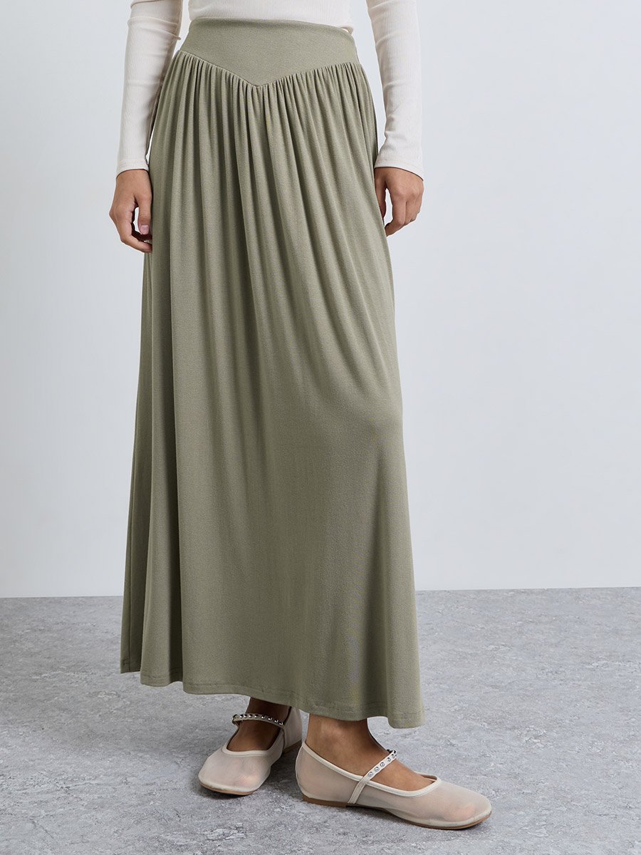 Olive Green A-Line Jersey Maxi Skirt