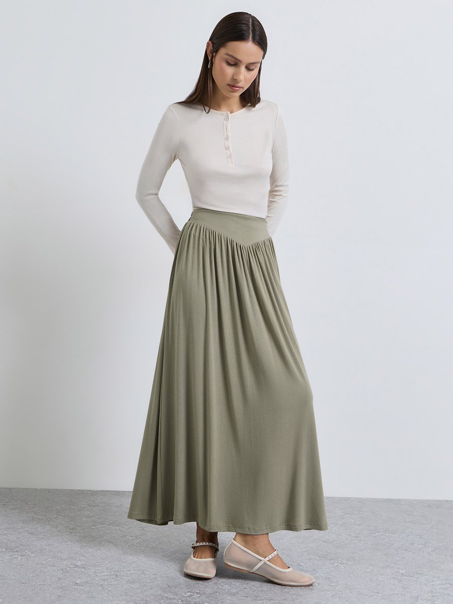 Olive Green A-Line Jersey Maxi Skirt