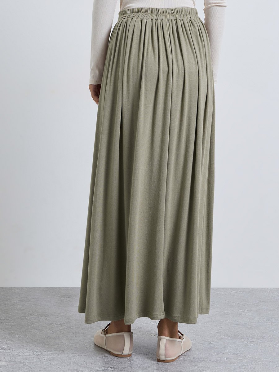 Olive Green A-Line Jersey Maxi Skirt