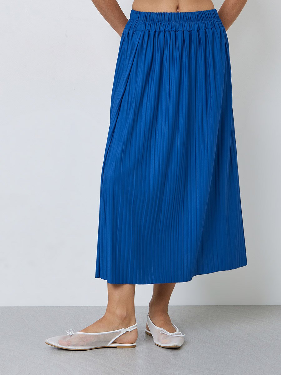 Blue Solid Pleated A-Line Midi Skirt