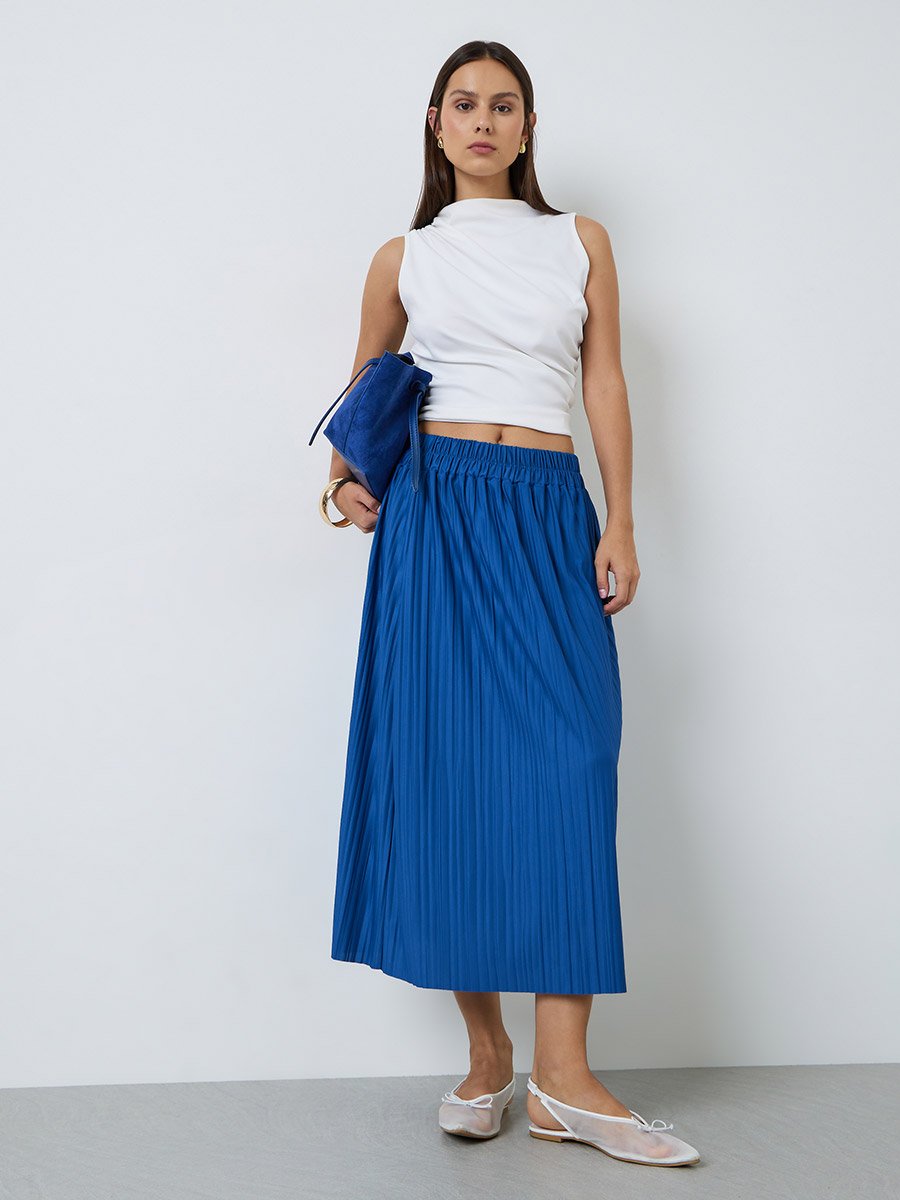 Blue Solid Pleated A-Line Midi Skirt