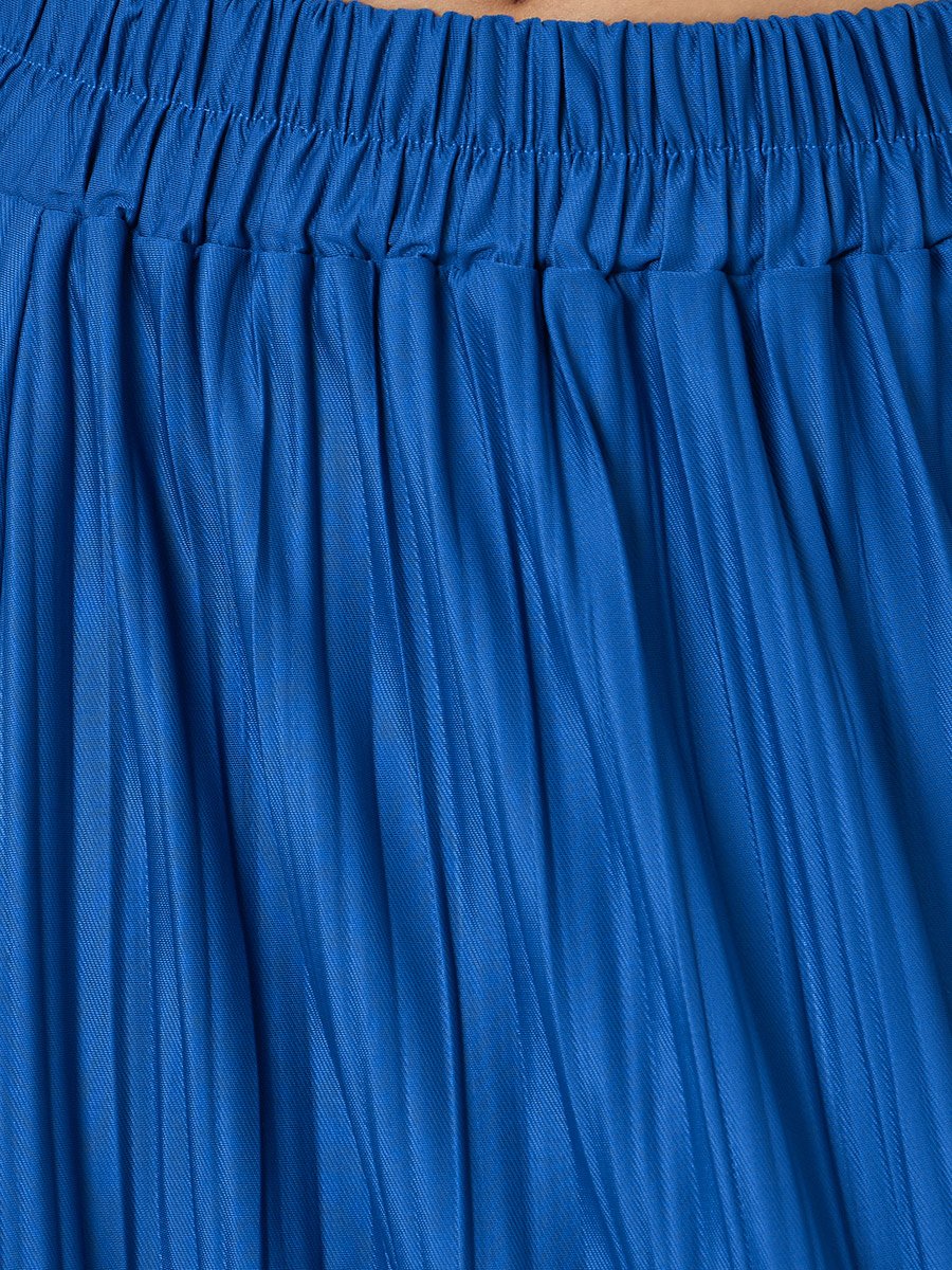 Blue Solid Pleated A-Line Midi Skirt
