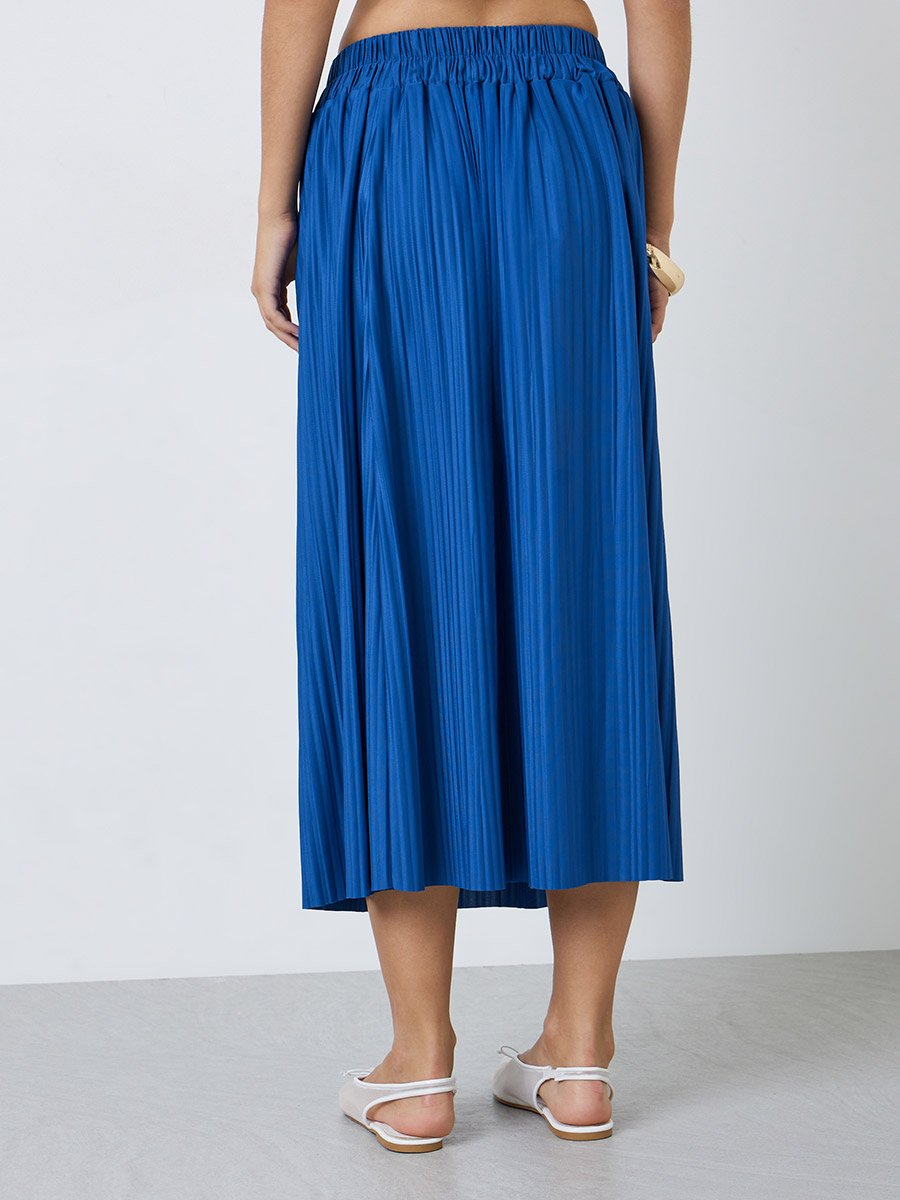 Blue Solid Pleated A-Line Midi Skirt