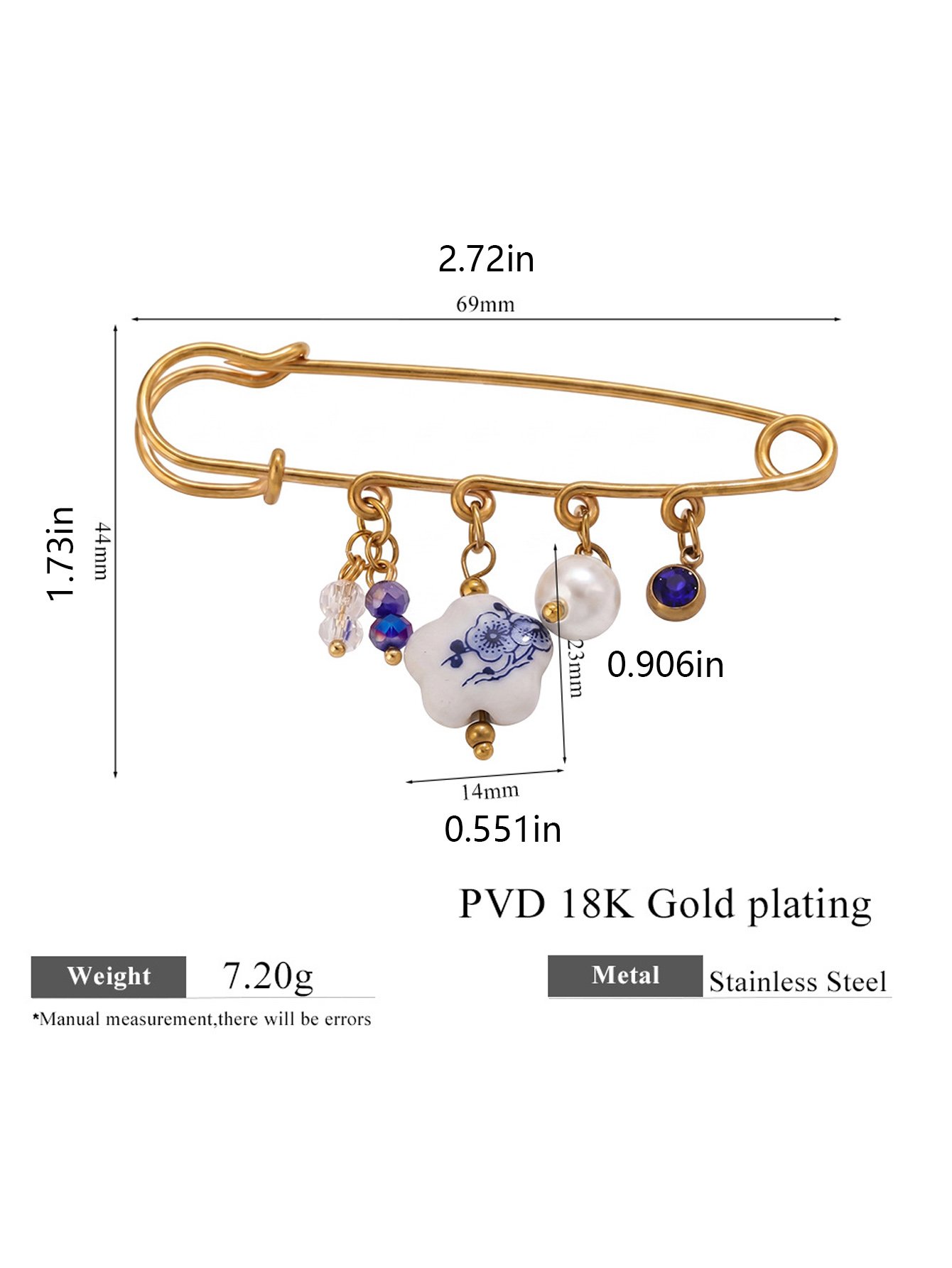 Elegant Gold Plated Brooch with Blue and White Porcelain Charm
