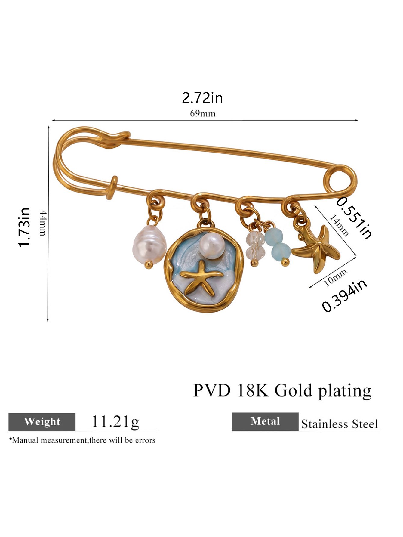 Golden Starfish Pearl Brooch Pin - PVD 18K Gold Plated Stainless Steel