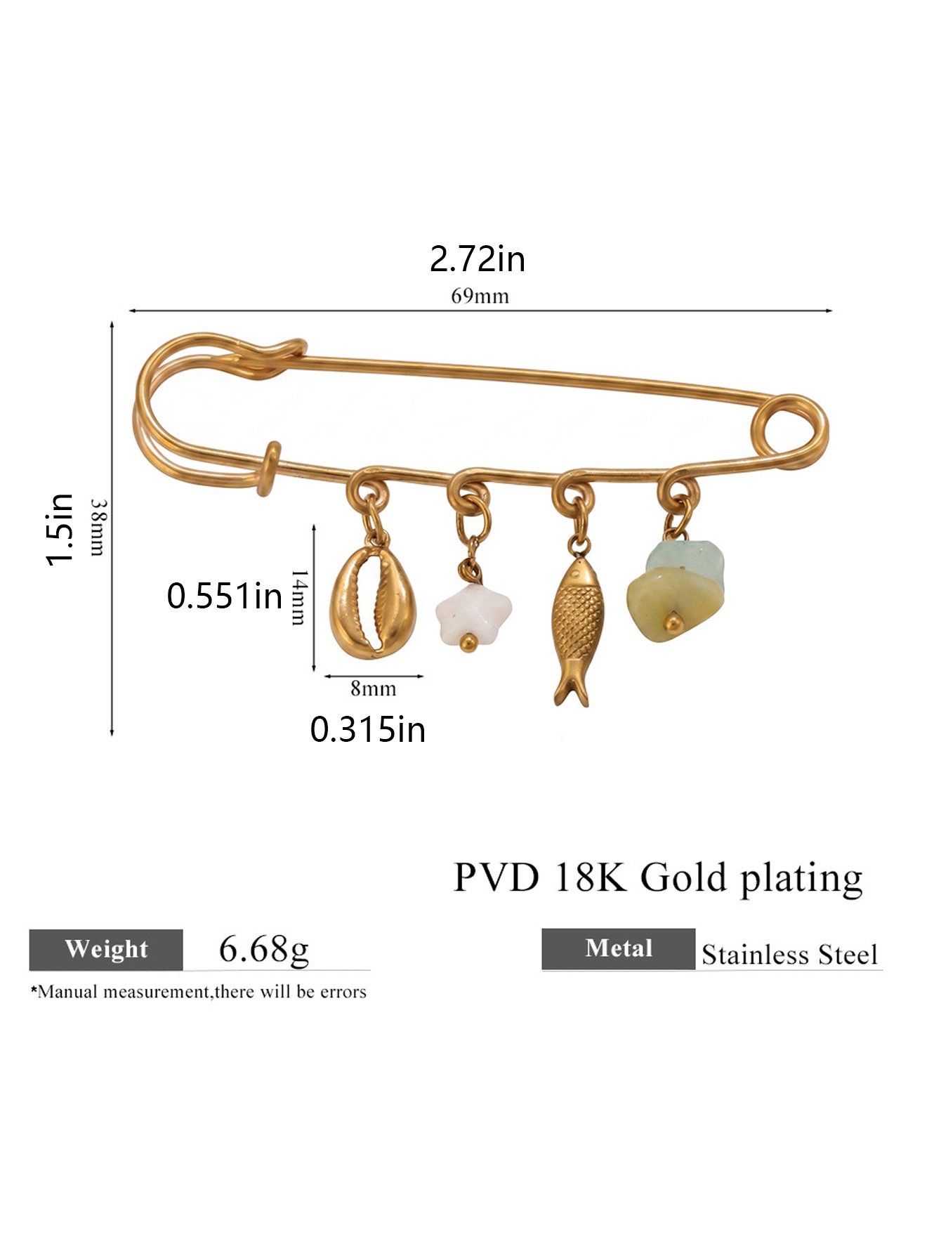 Gold PVD 18K Plated Ocean Charm Brooch for Women