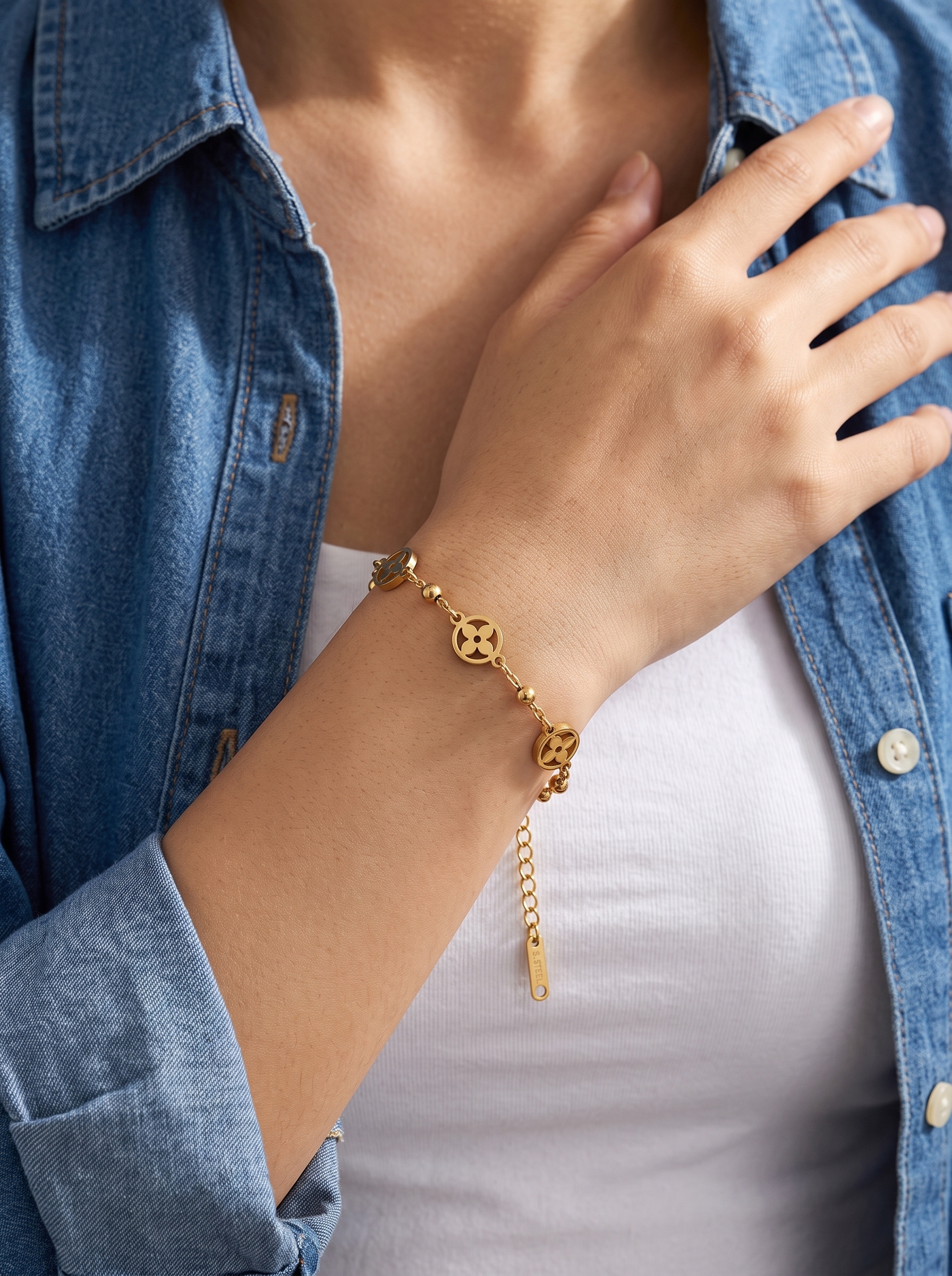 Gold Plated Stainless Steel Charm Bracelet for Women - Adjustable and Casual Wear.