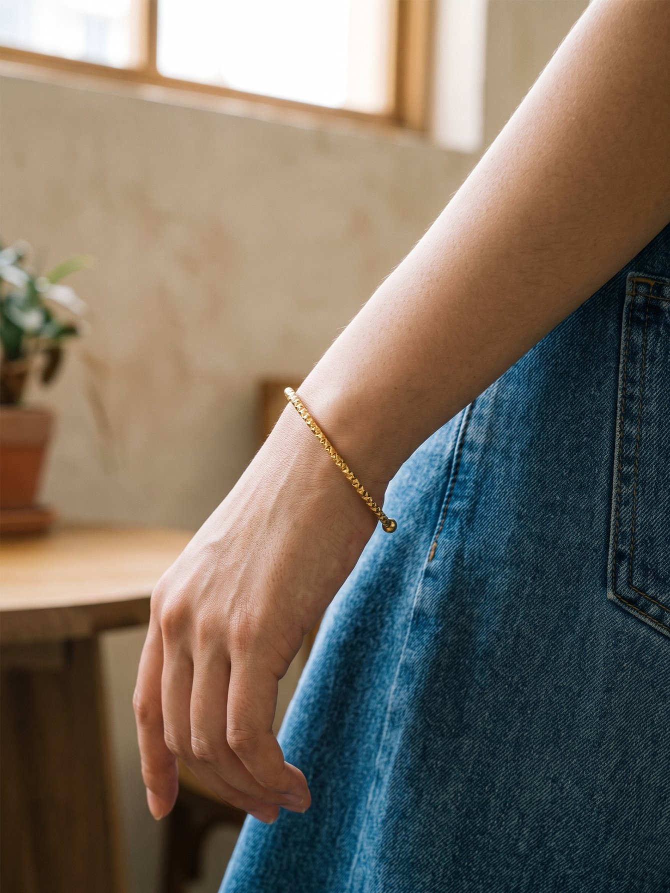 Gold Textured Open Cuff Bracelet for Women.