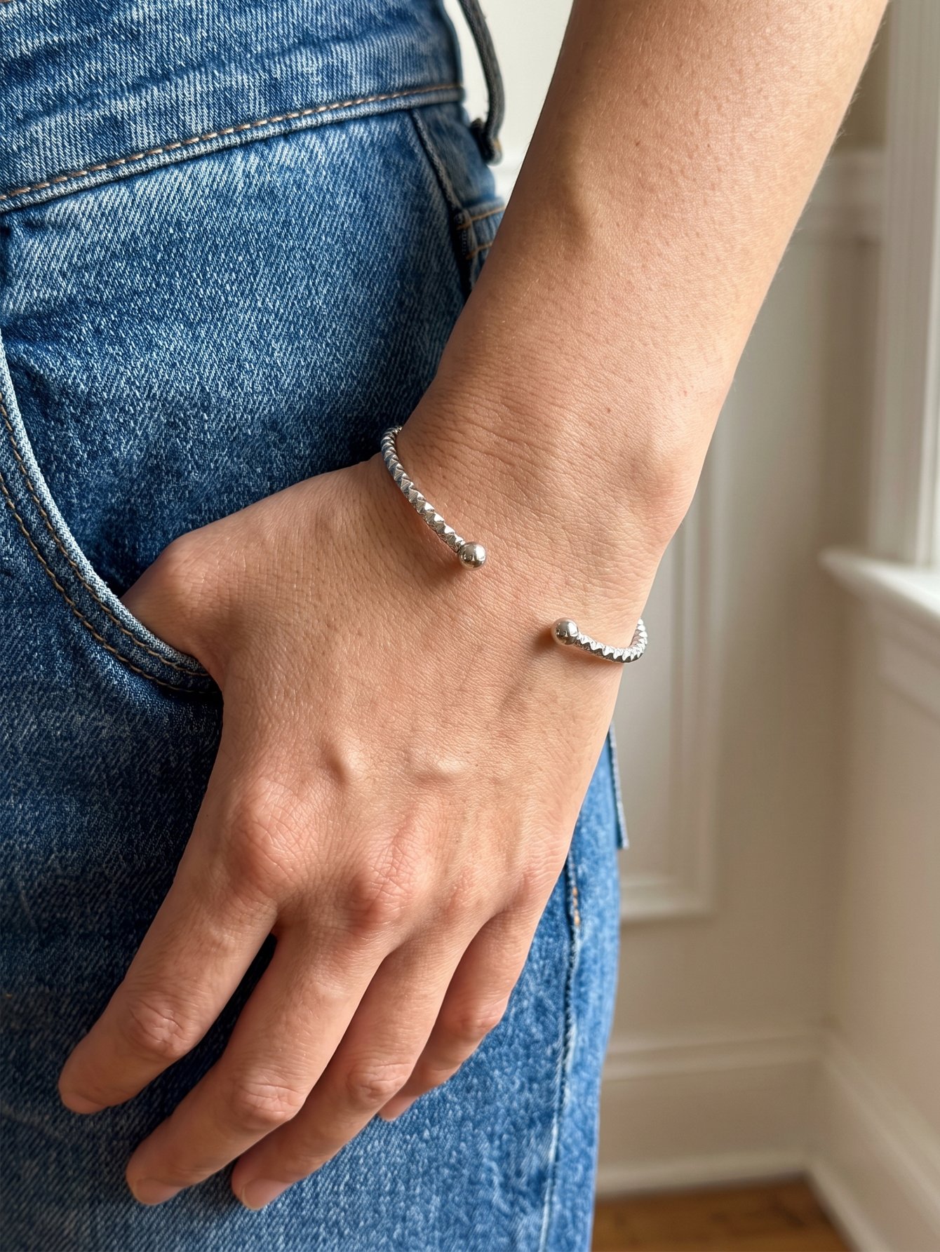 Silver Textured Open Cuff Bracelet - Casual Wear.