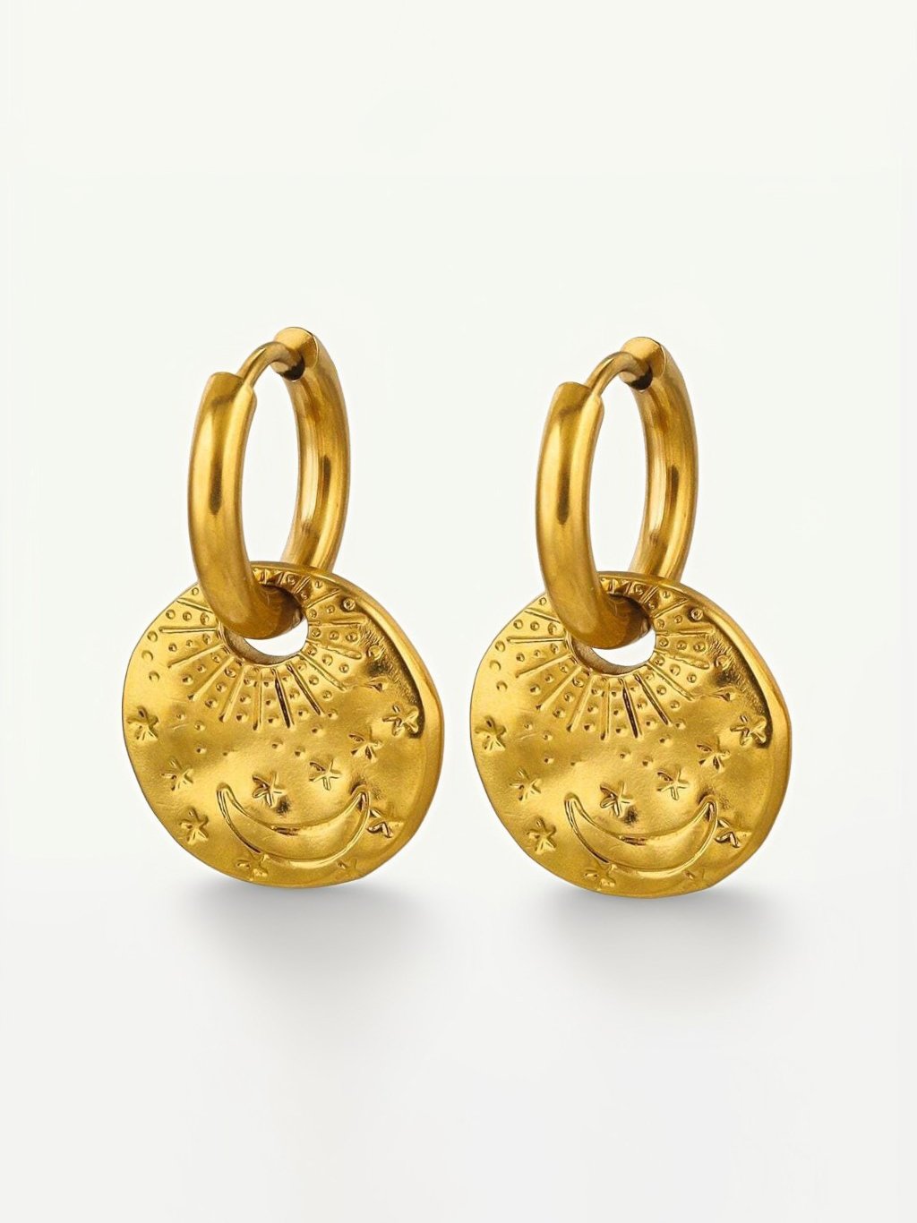 Gold Crescent Moon and Star Charm Hoop Earrings.