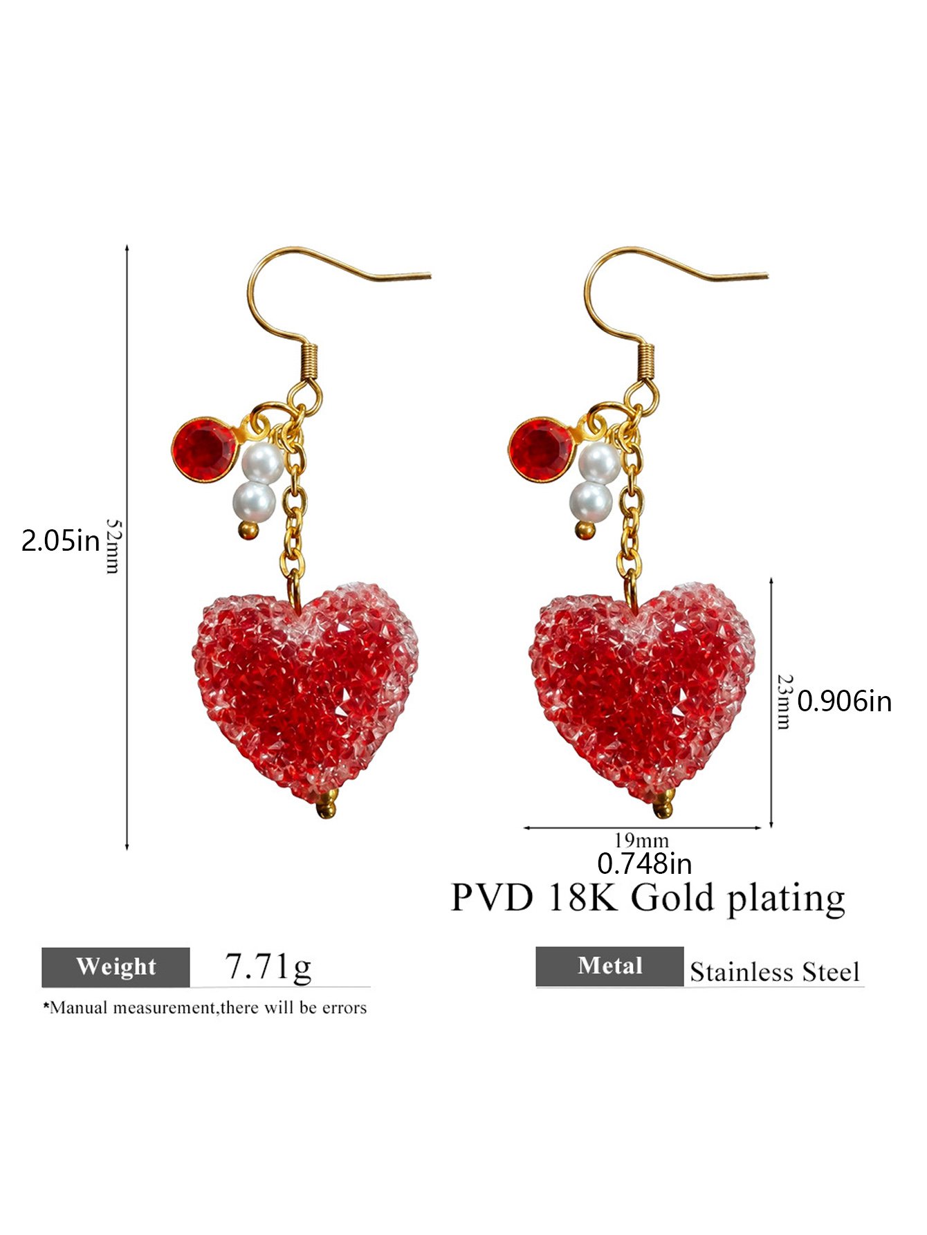 Red Heart Drop Earrings with Pearls and Gold Plating - Casual and Stylish.