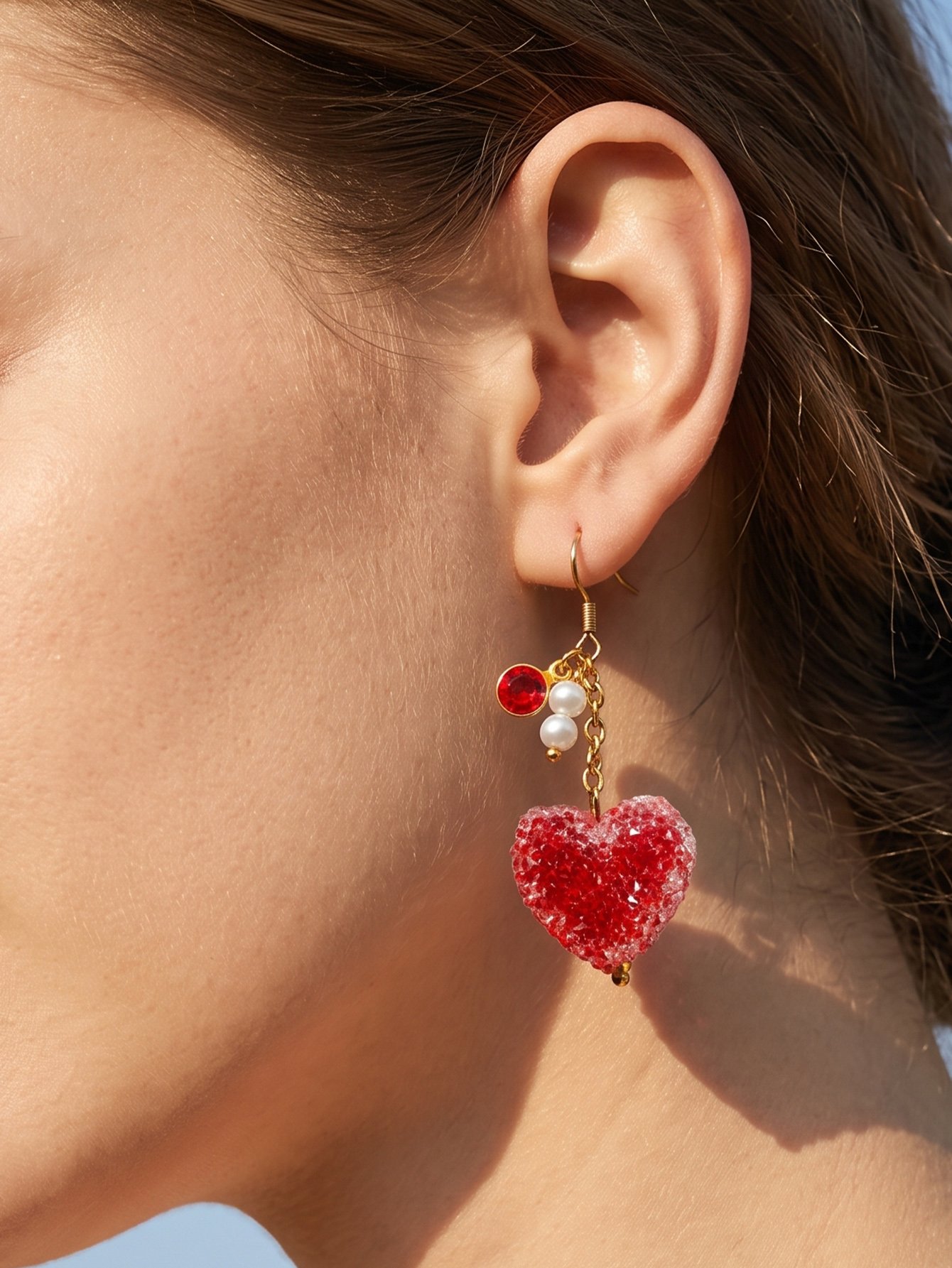 Red Heart Drop Earrings with Pearls and Gold Plating - Casual and Stylish.
