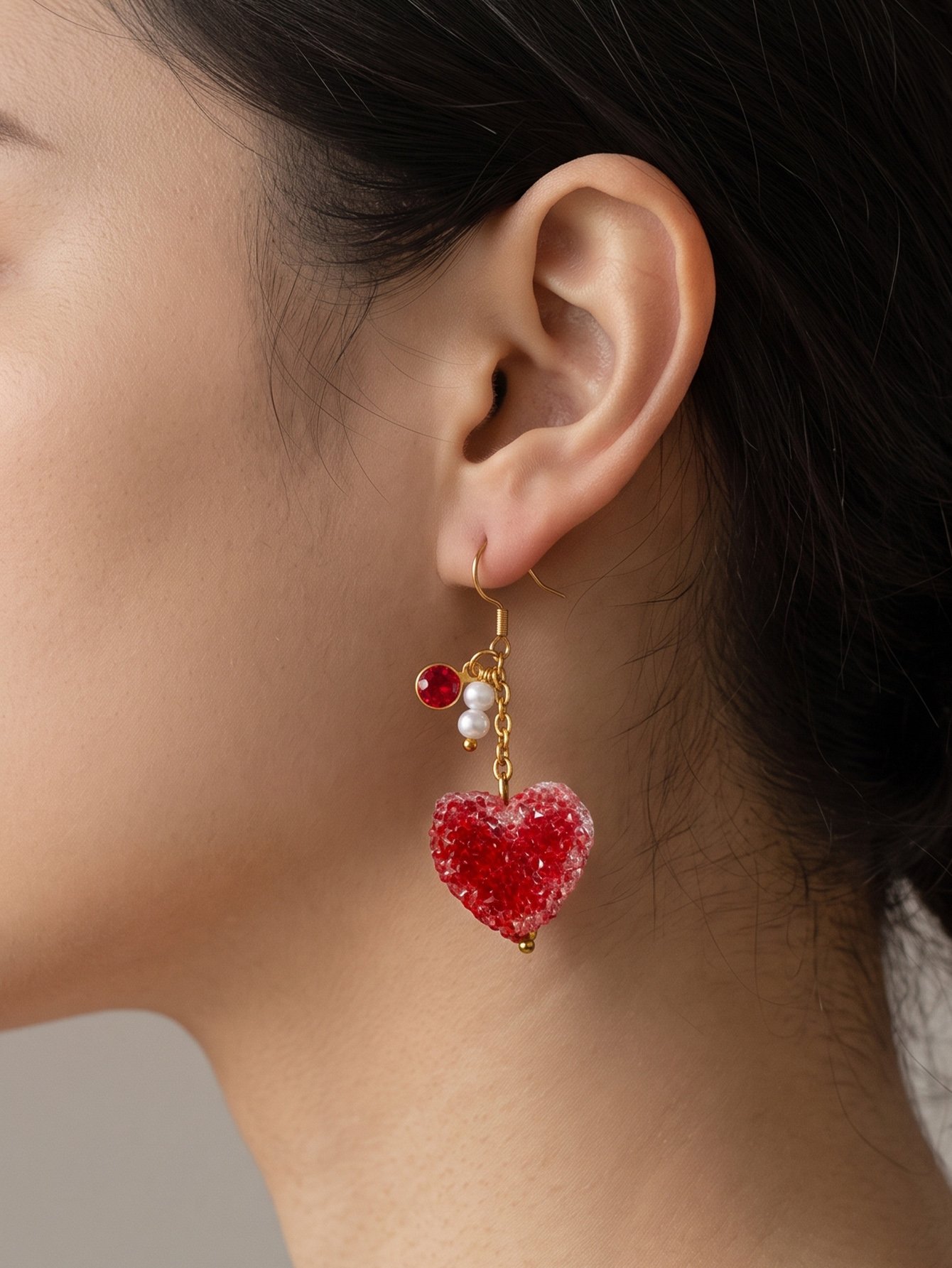 Red Heart Drop Earrings with Pearls and Gold Plating - Casual and Stylish.