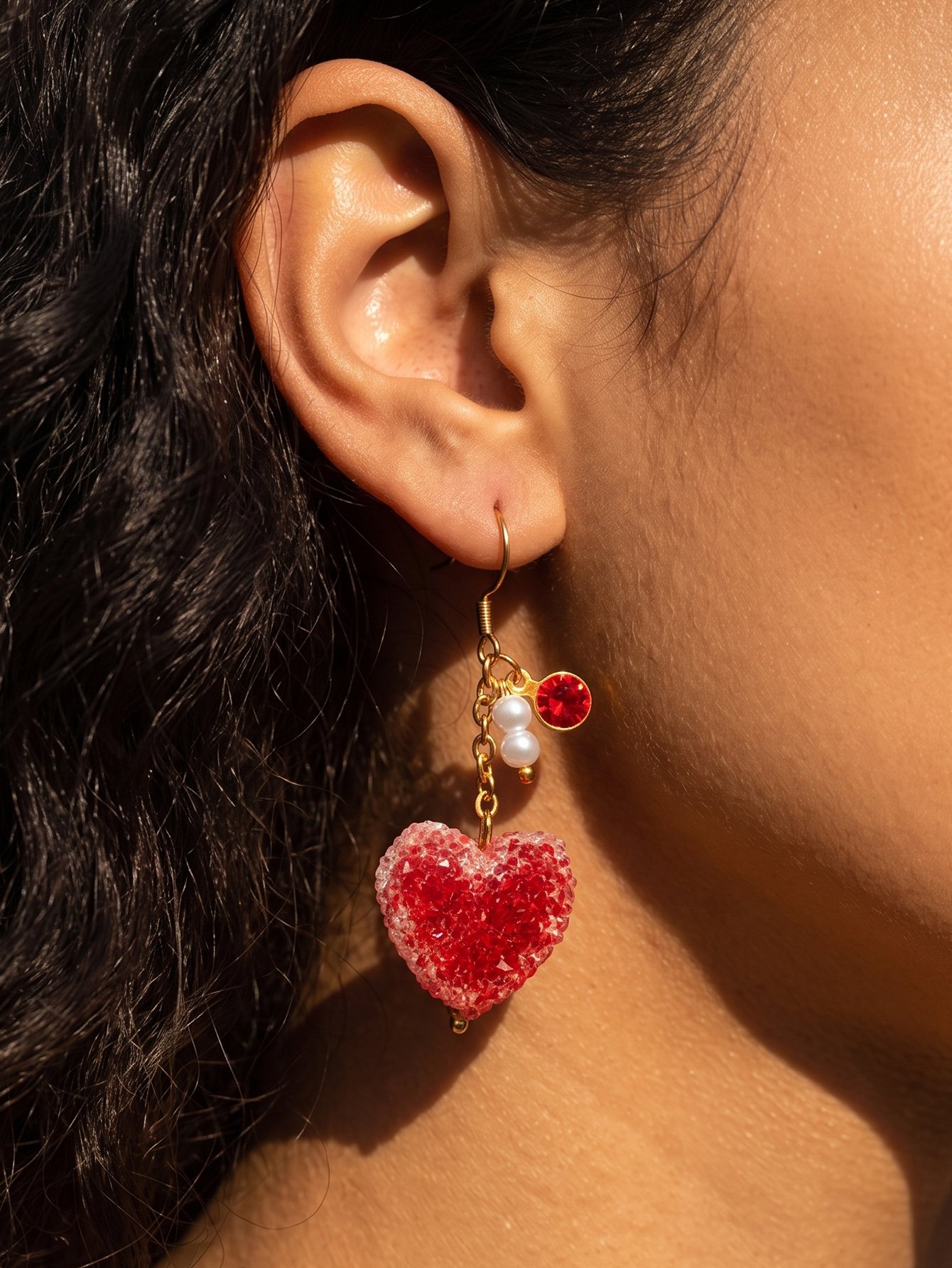 Red Heart Drop Earrings with Pearls and Gold Plating - Casual and Stylish.